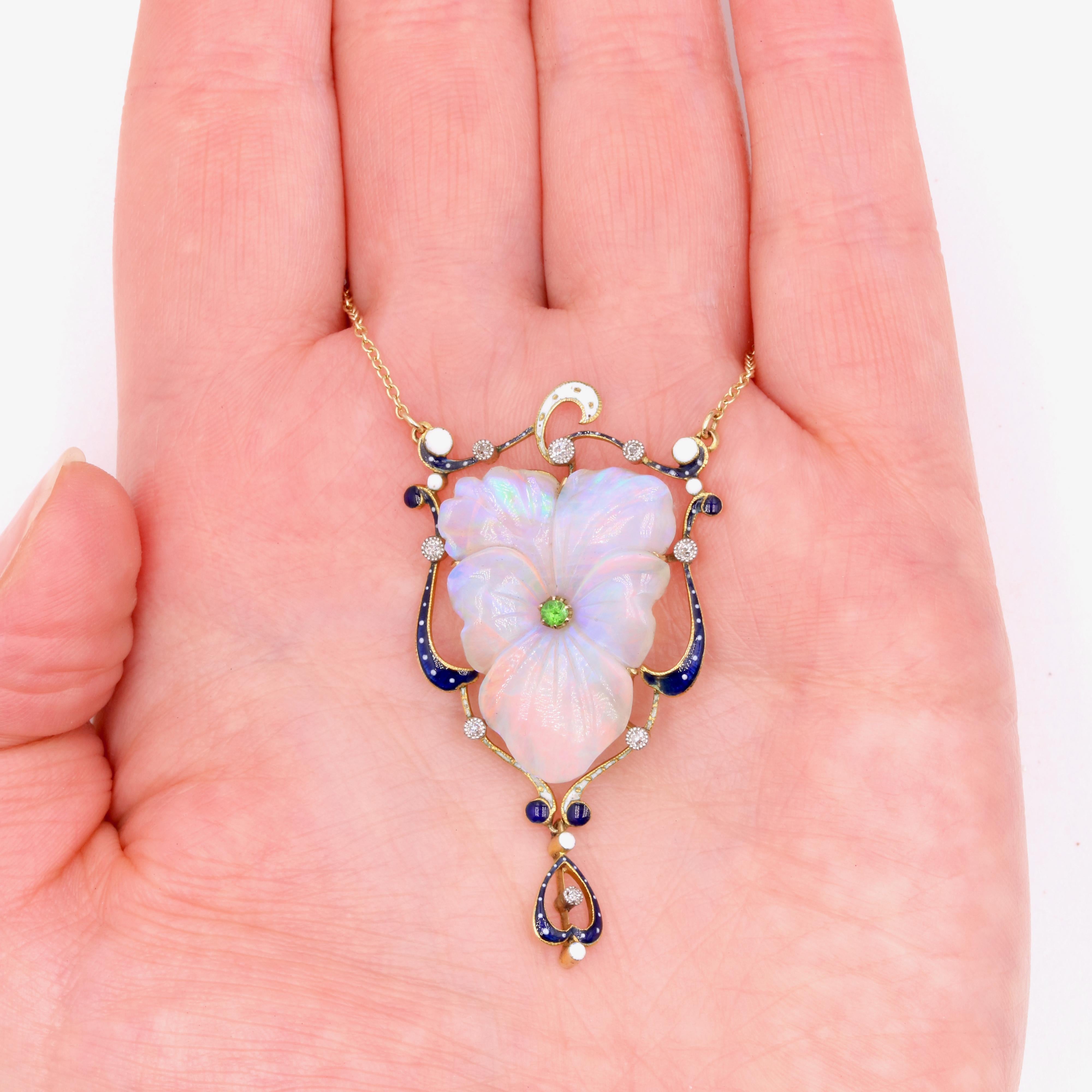 Antique 18K Gold Platinum Opal, Demantoid Garnet, Diamond, Enamel Pansy Necklace For Sale 4