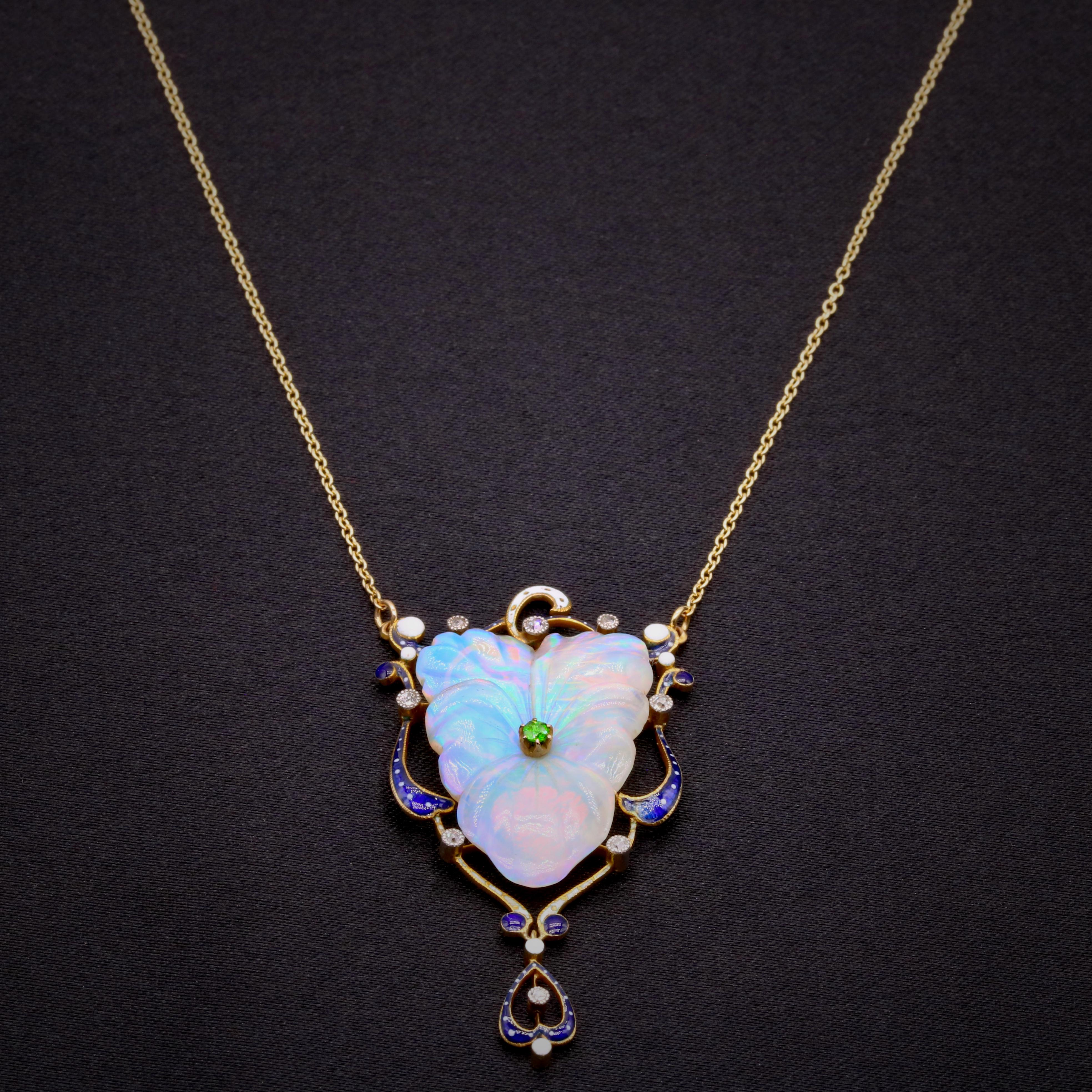 Art Nouveau Antique 18K Gold Platinum Opal, Demantoid Garnet, Diamond, Enamel Pansy Necklace For Sale