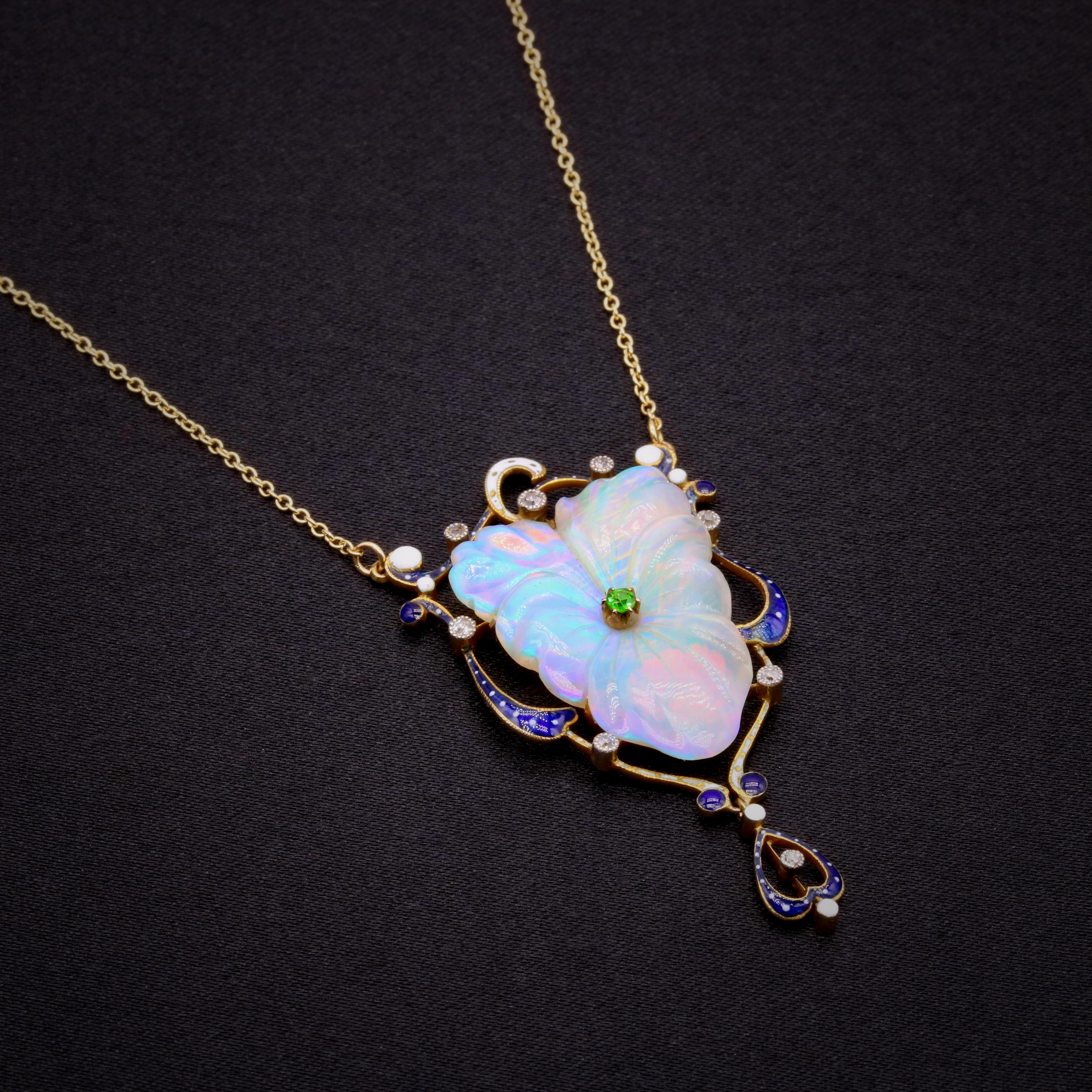 Cabochon Antique 18K Gold Platinum Opal, Demantoid Garnet, Diamond, Enamel Pansy Necklace For Sale