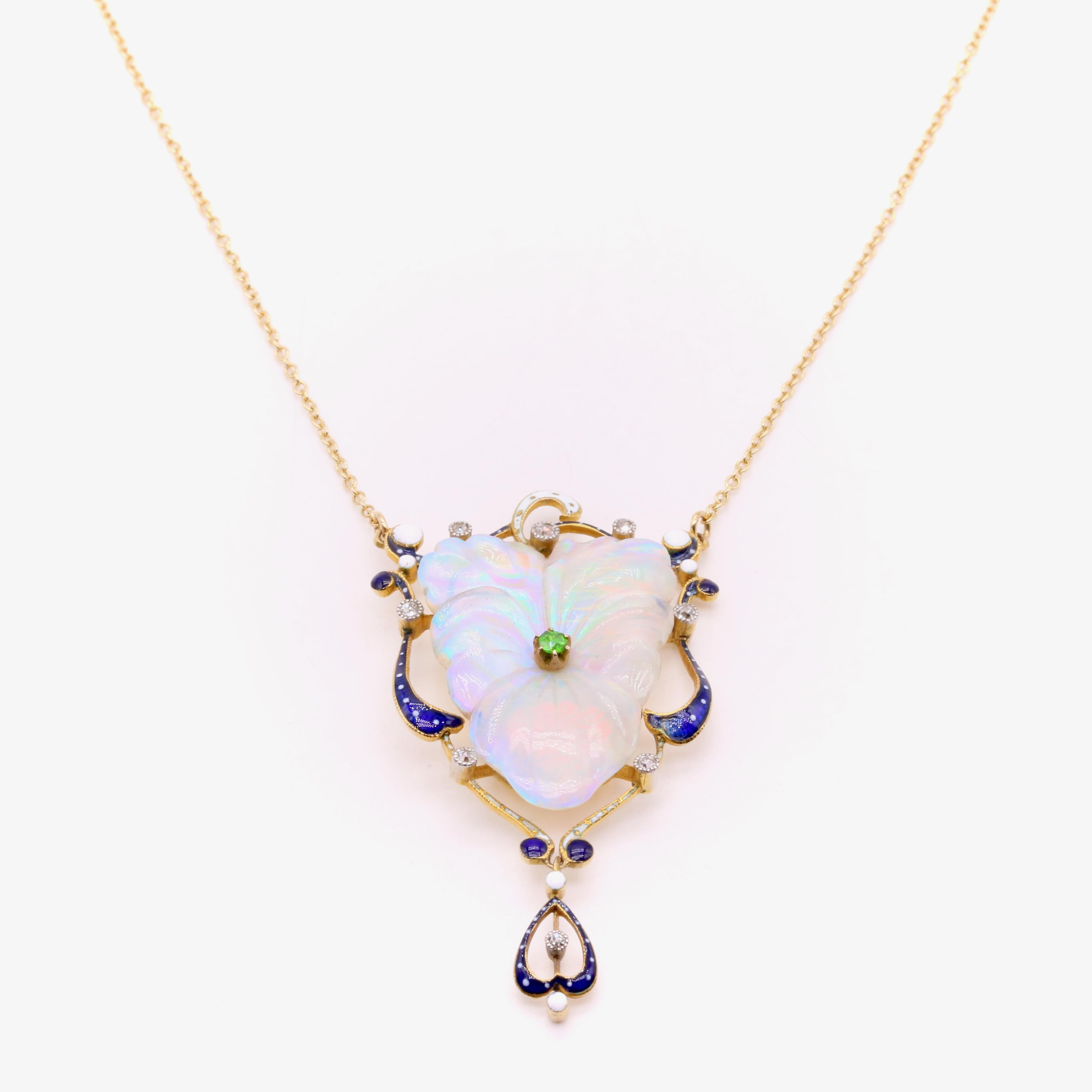 Antique 18K Gold Platinum Opal, Demantoid Garnet, Diamond, Enamel Pansy Necklace For Sale 1