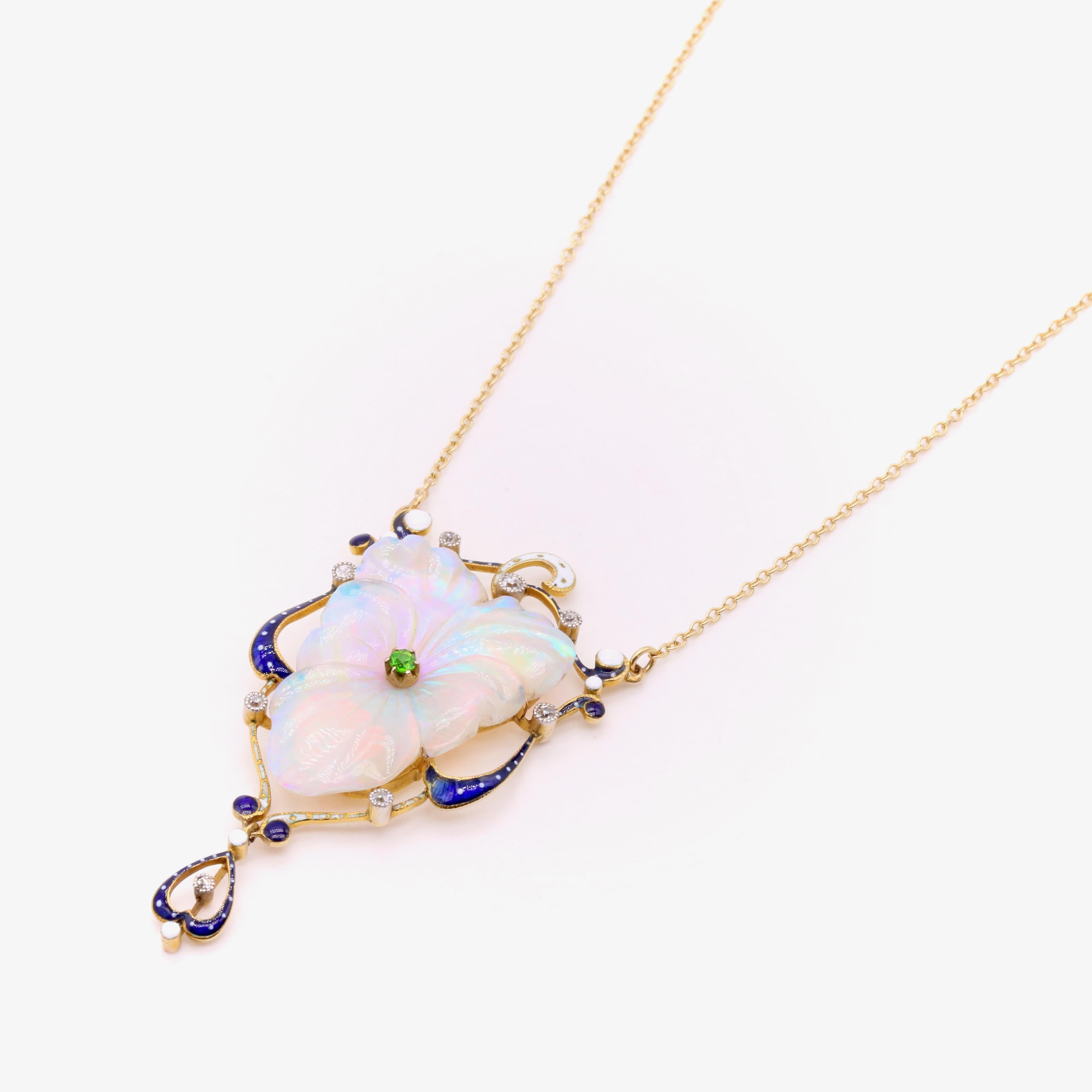 Antique 18K Gold Platinum Opal, Demantoid Garnet, Diamond, Enamel Pansy Necklace For Sale 2