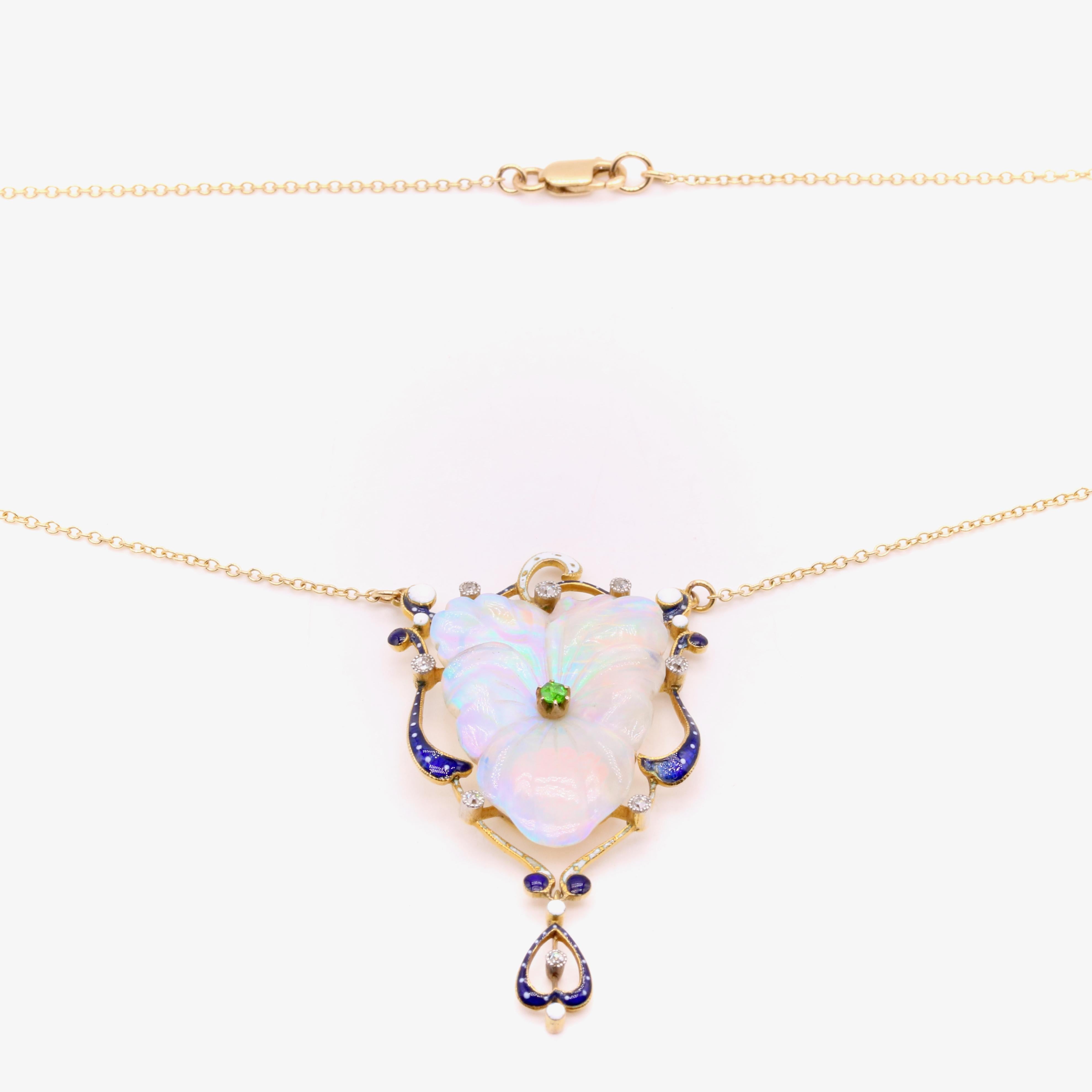 Antique 18K Gold Platinum Opal, Demantoid Garnet, Diamond, Enamel Pansy Necklace For Sale 3