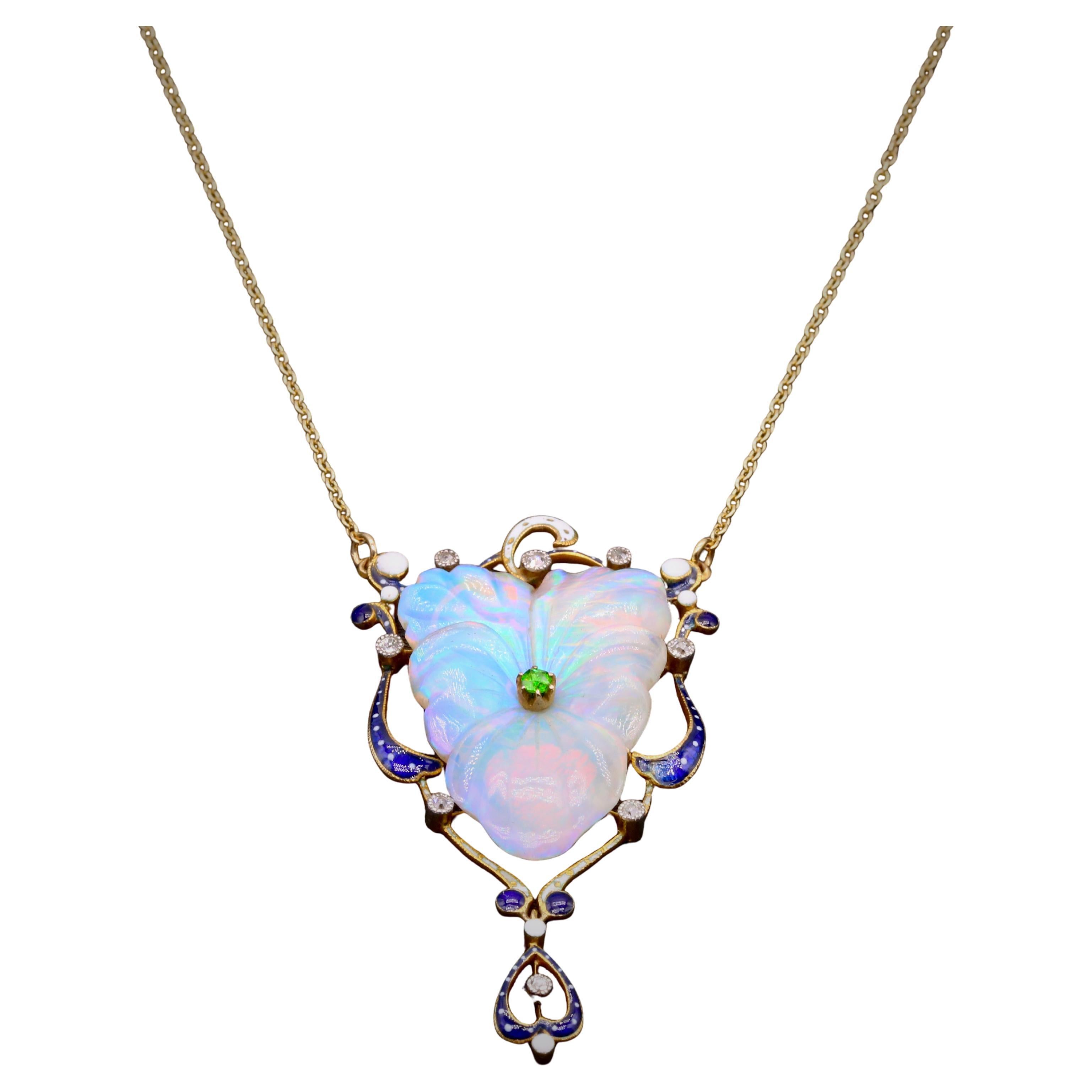 Antique 18K Gold Platinum Opal, Demantoid Garnet, Diamond, Enamel Pansy Necklace