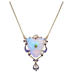Antique 18K Gold Platinum Opal, Demantoid Garnet, Diamond, Enamel Pansy Necklace