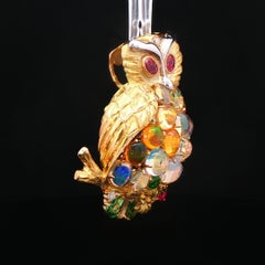 Antique 18K Gold & Platinum Owl Brooch with Opals, Rubies & unique Gemstones