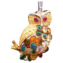 Antique 18K Gold & Platinum Owl Brooch with Opals, Rubies & unique Gemstones