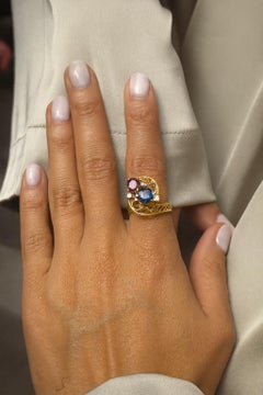 Antique 18K Gold Ring with Ruby, Sapphire, and Diamonds