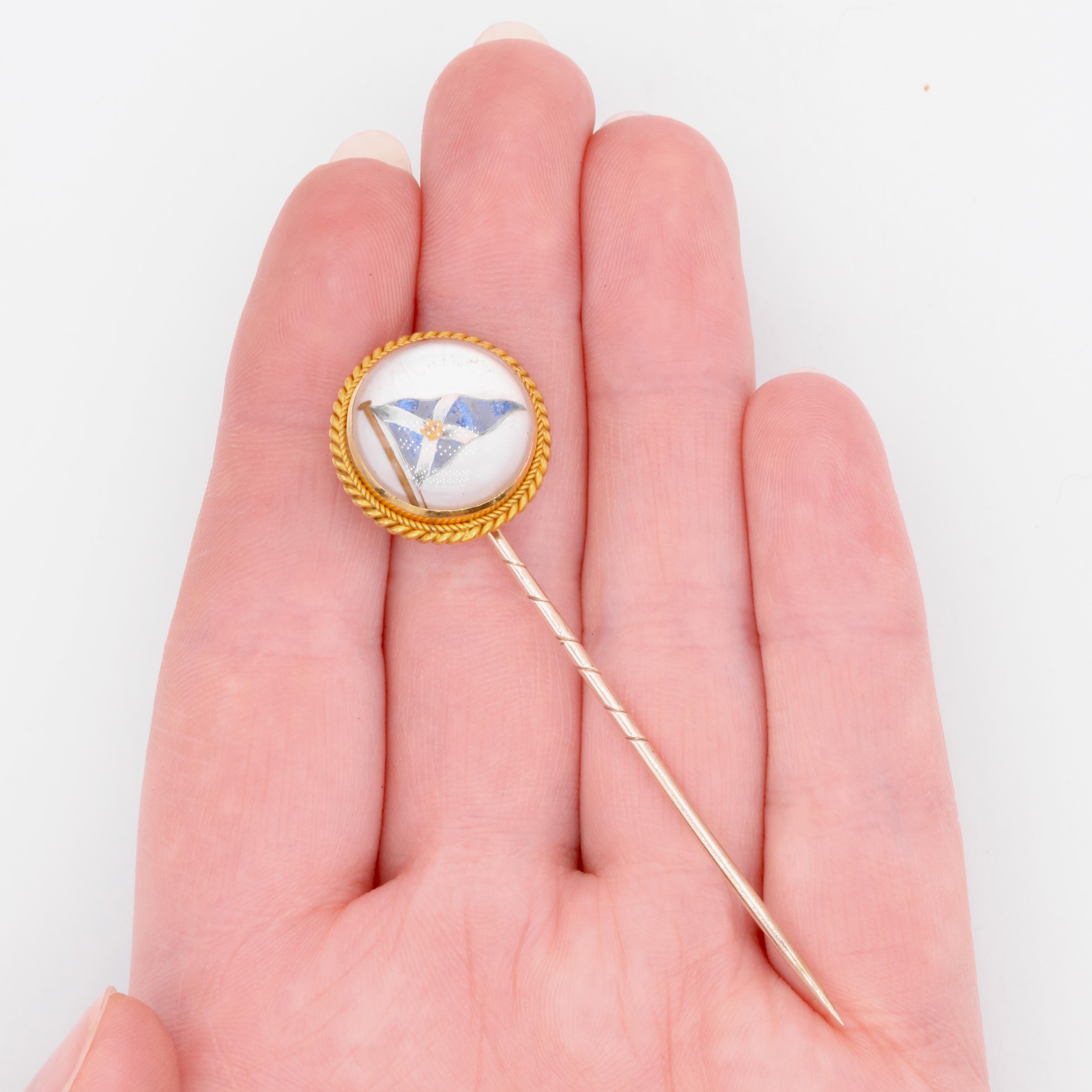 Antique 18K Gold Rock Crystal Royal Highland Yacht Club Intaglio Stick Pin For Sale 5