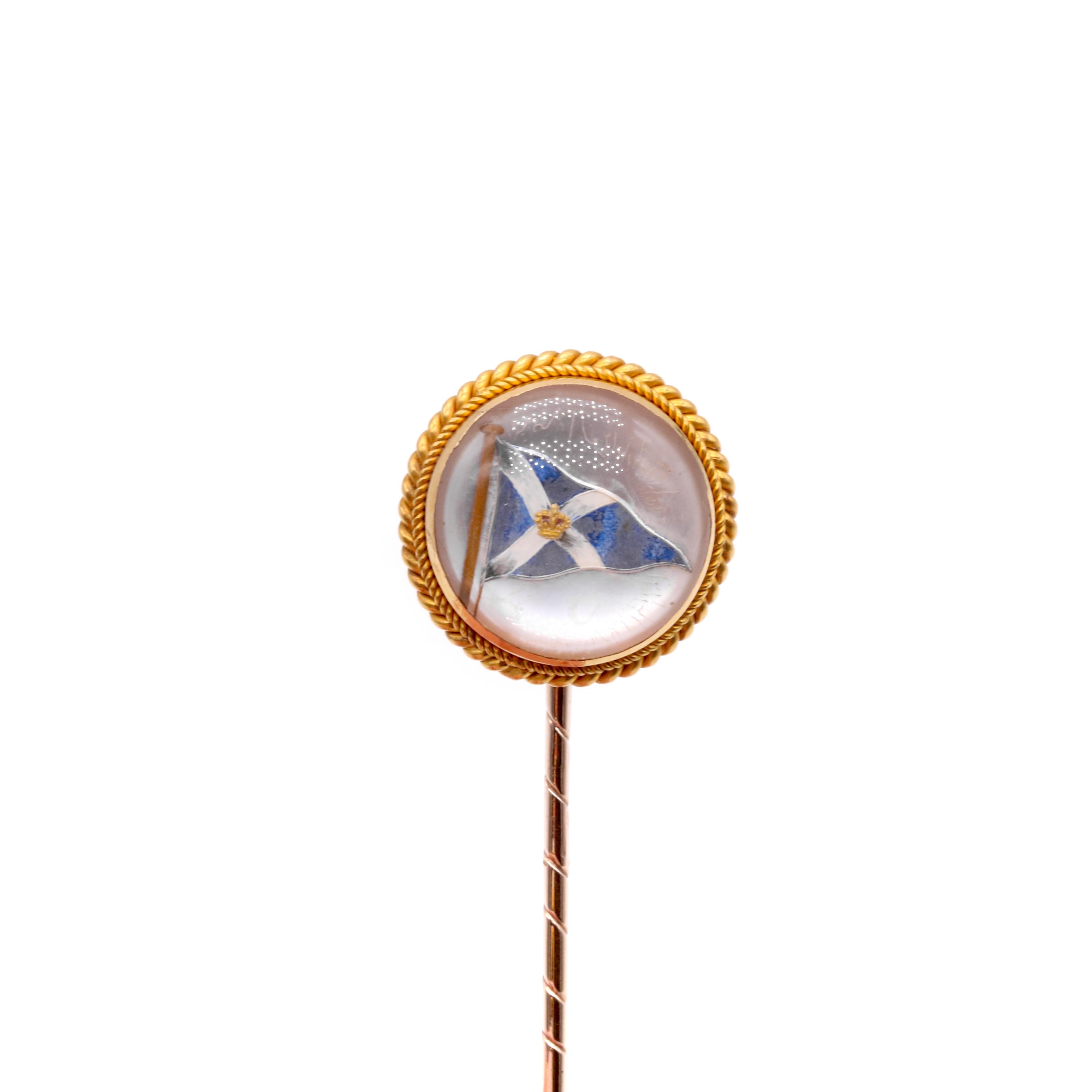 Cabochon Antique 18K Gold Rock Crystal Royal Highland Yacht Club Intaglio Stick Pin For Sale
