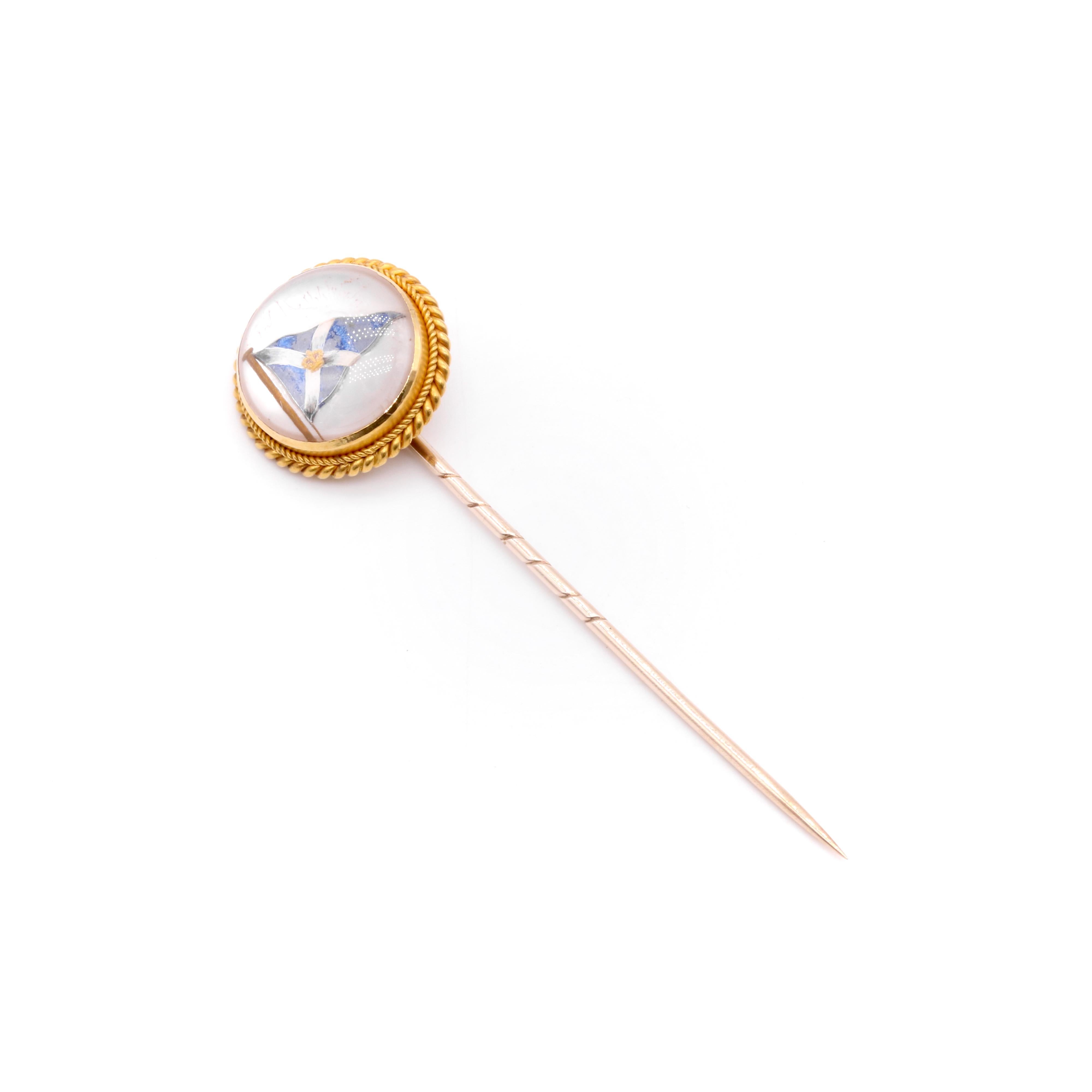 Antique 18K Gold Rock Crystal Royal Highland Yacht Club Intaglio Stick Pin In Good Condition For Sale In Staines-Upon-Thames, GB