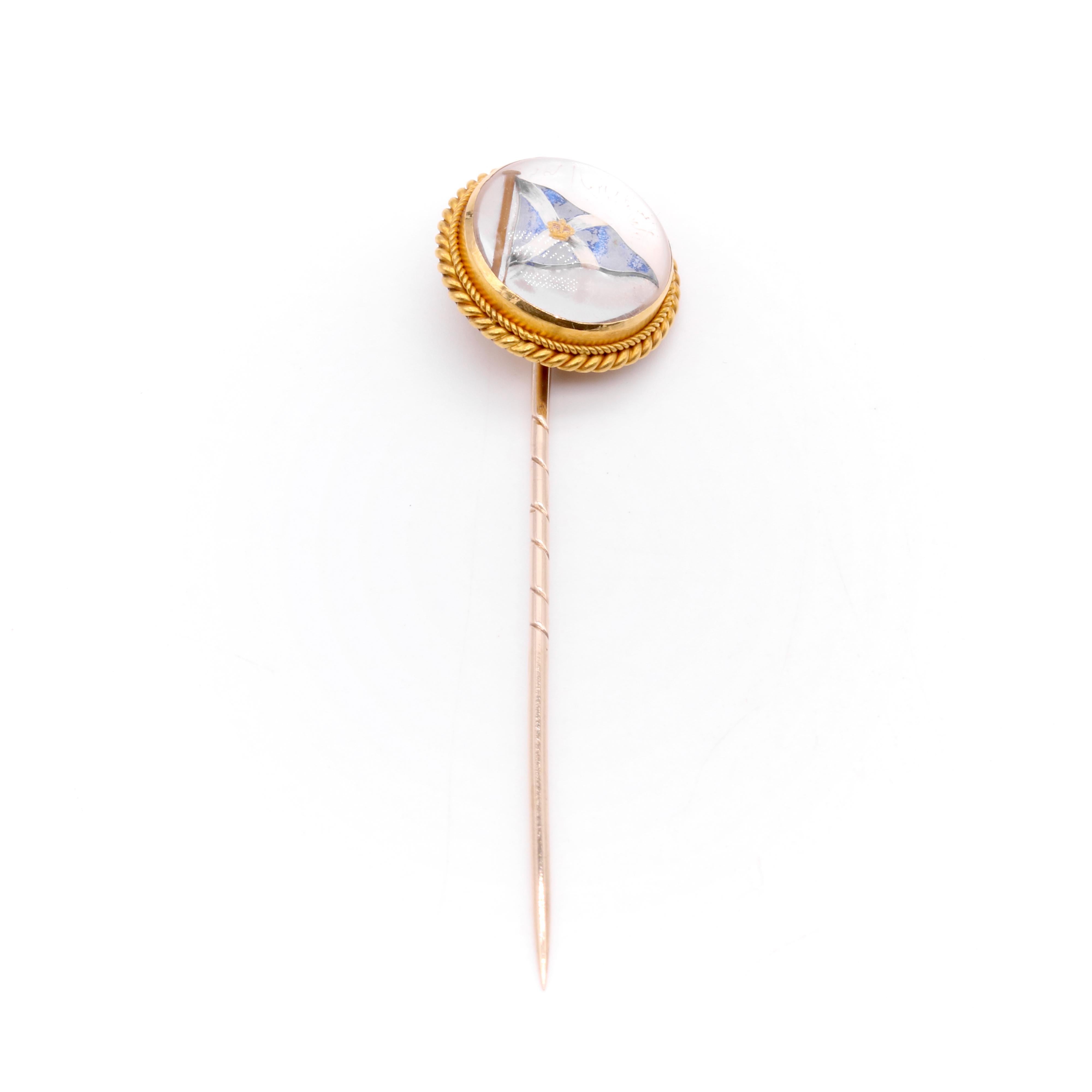 Women's or Men's Antique 18K Gold Rock Crystal Royal Highland Yacht Club Intaglio Stick Pin For Sale