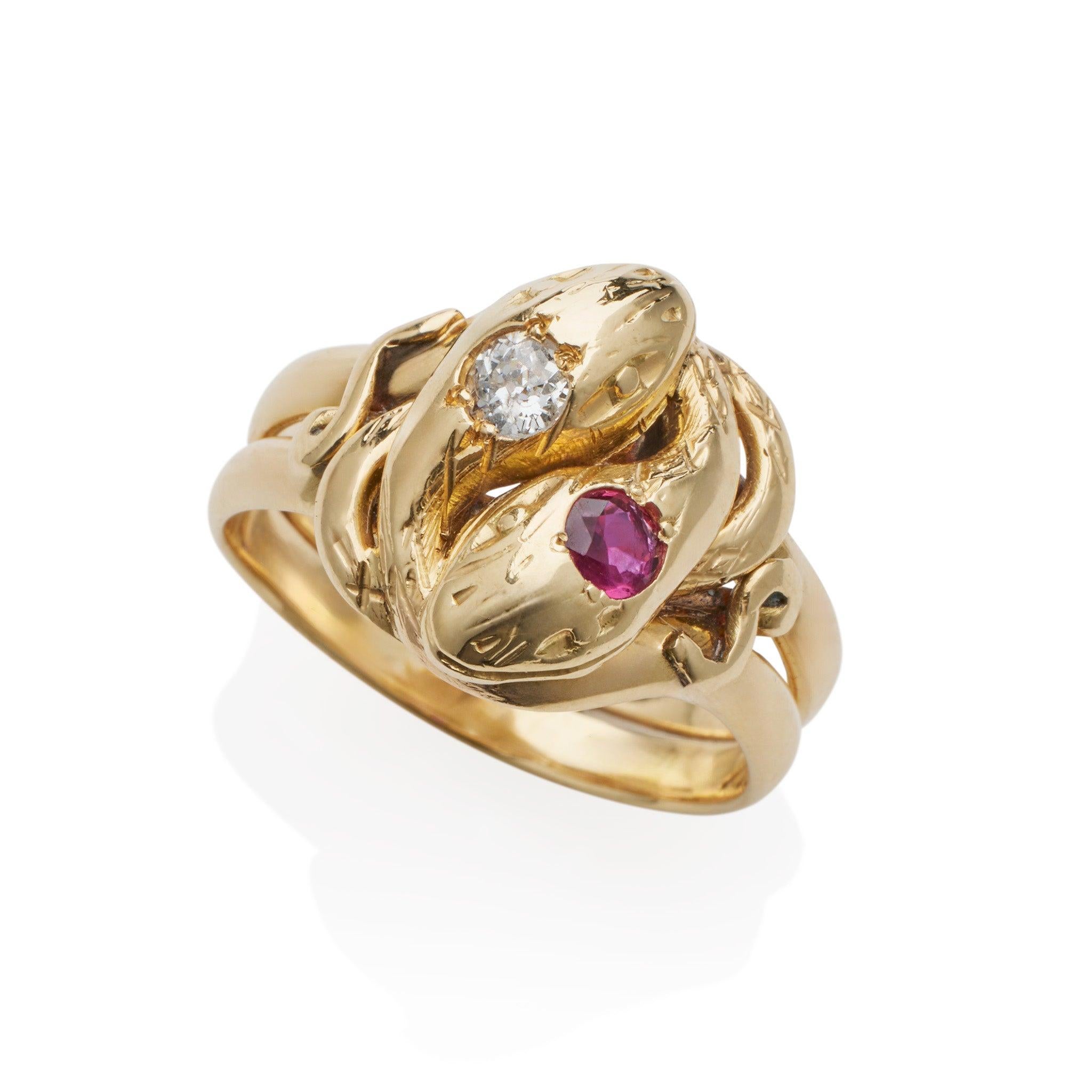 Victorian Antique 18K Gold, Ruby and Diamond Double Snake Ring For Sale