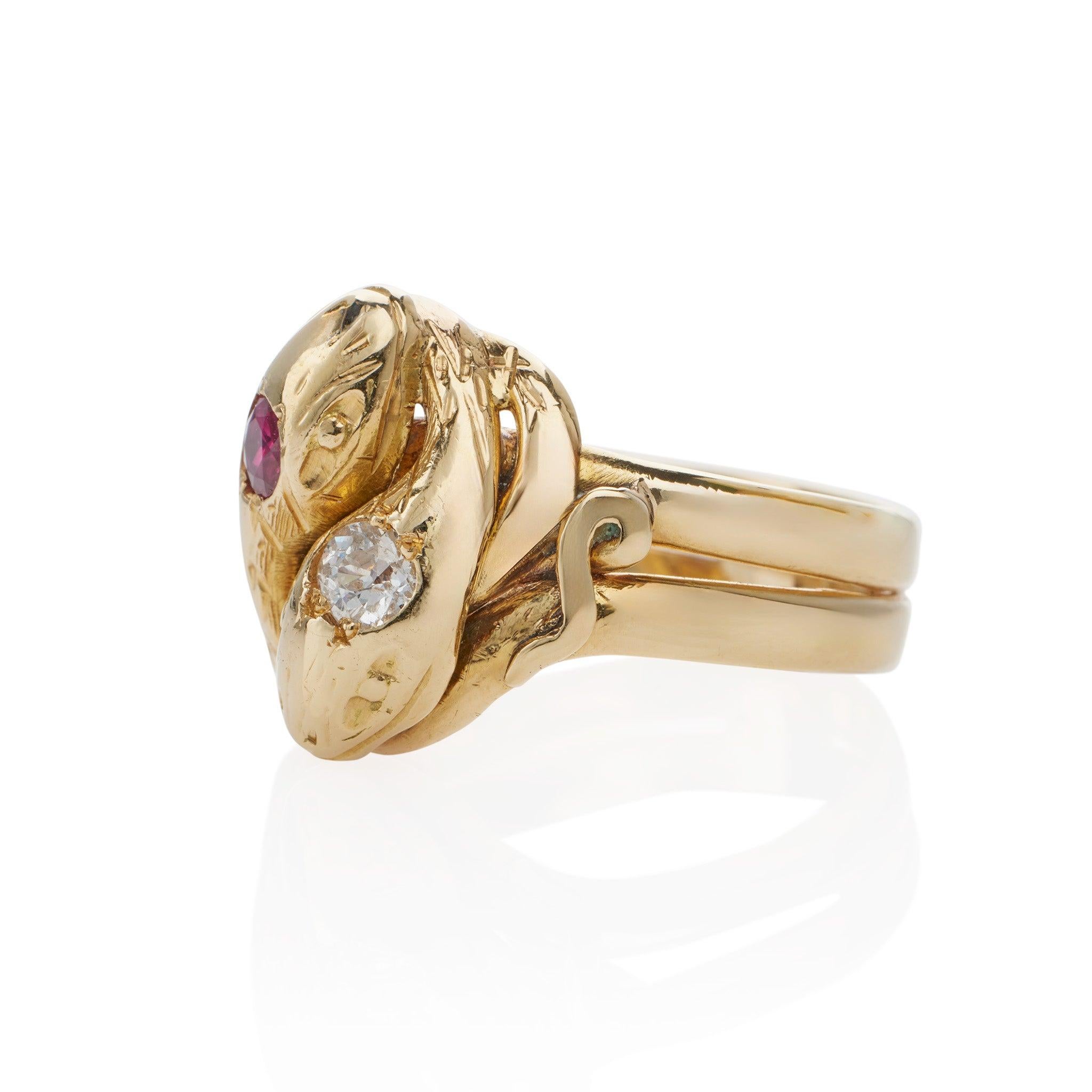 Old Mine Cut Antique 18K Gold, Ruby and Diamond Double Snake Ring For Sale