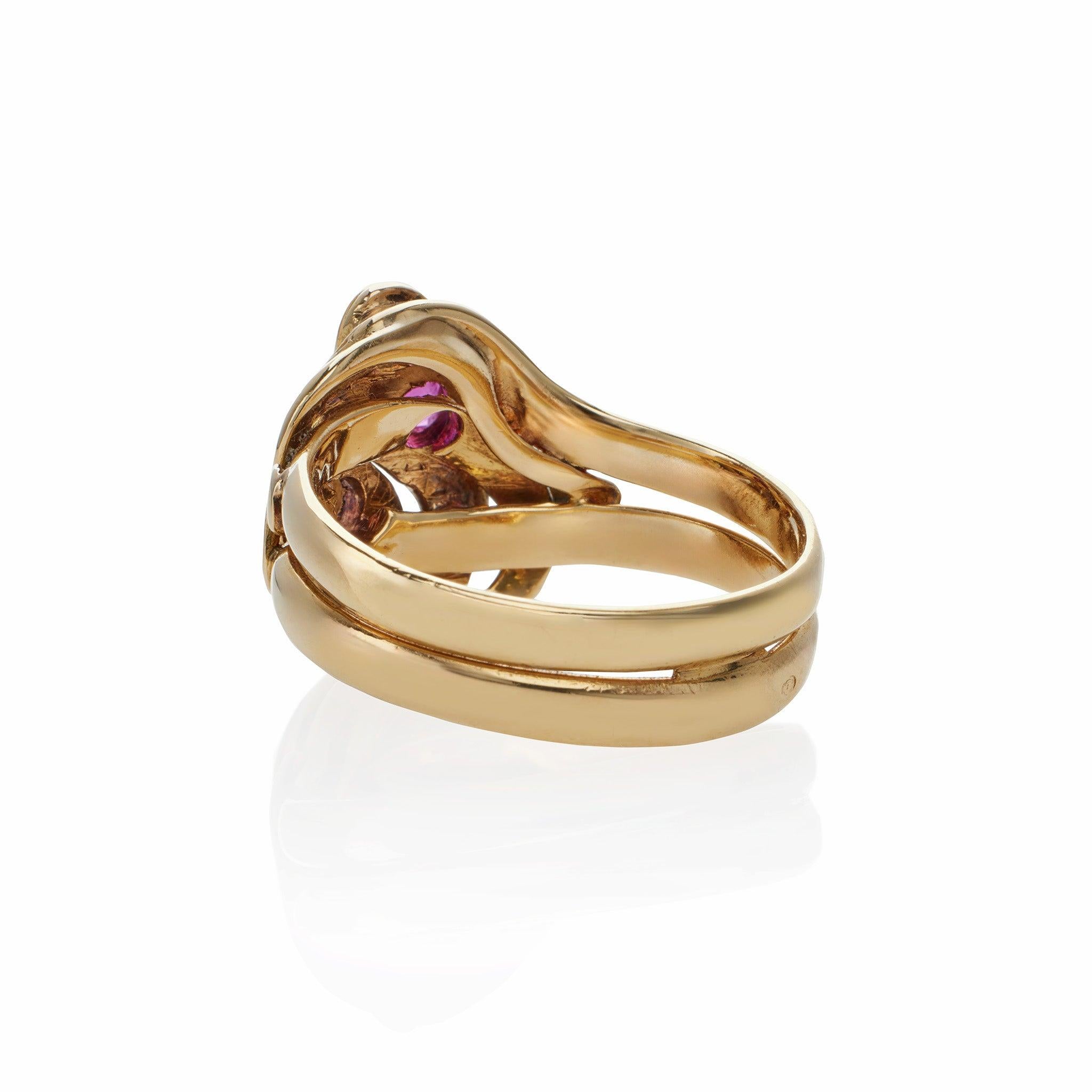 Antique 18K Gold, Ruby and Diamond Double Snake Ring In Excellent Condition For Sale In New York, NY