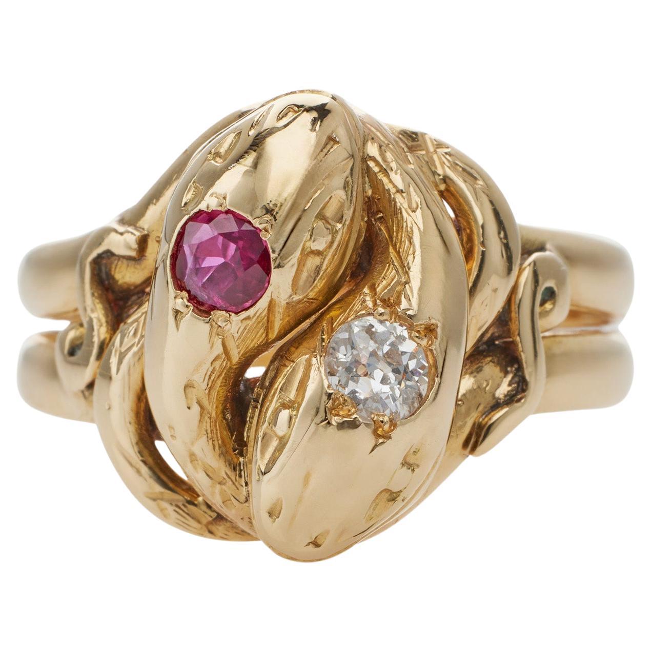 Antique 18K Gold, Ruby and Diamond Double Snake Ring