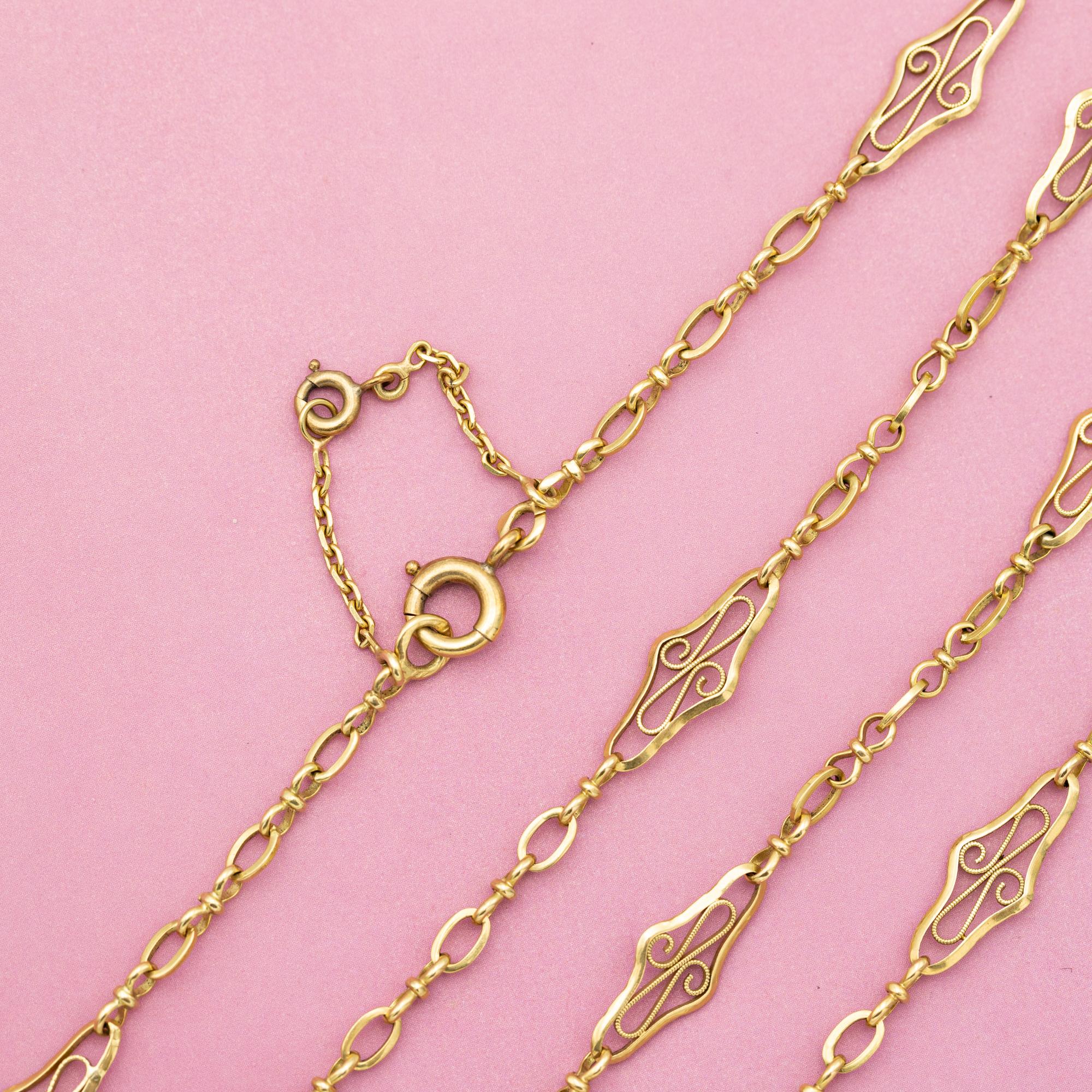 Women's or Men's Antique 18k gold Sautoir necklace, 157.5cm long guard, French Victorian chain For Sale
