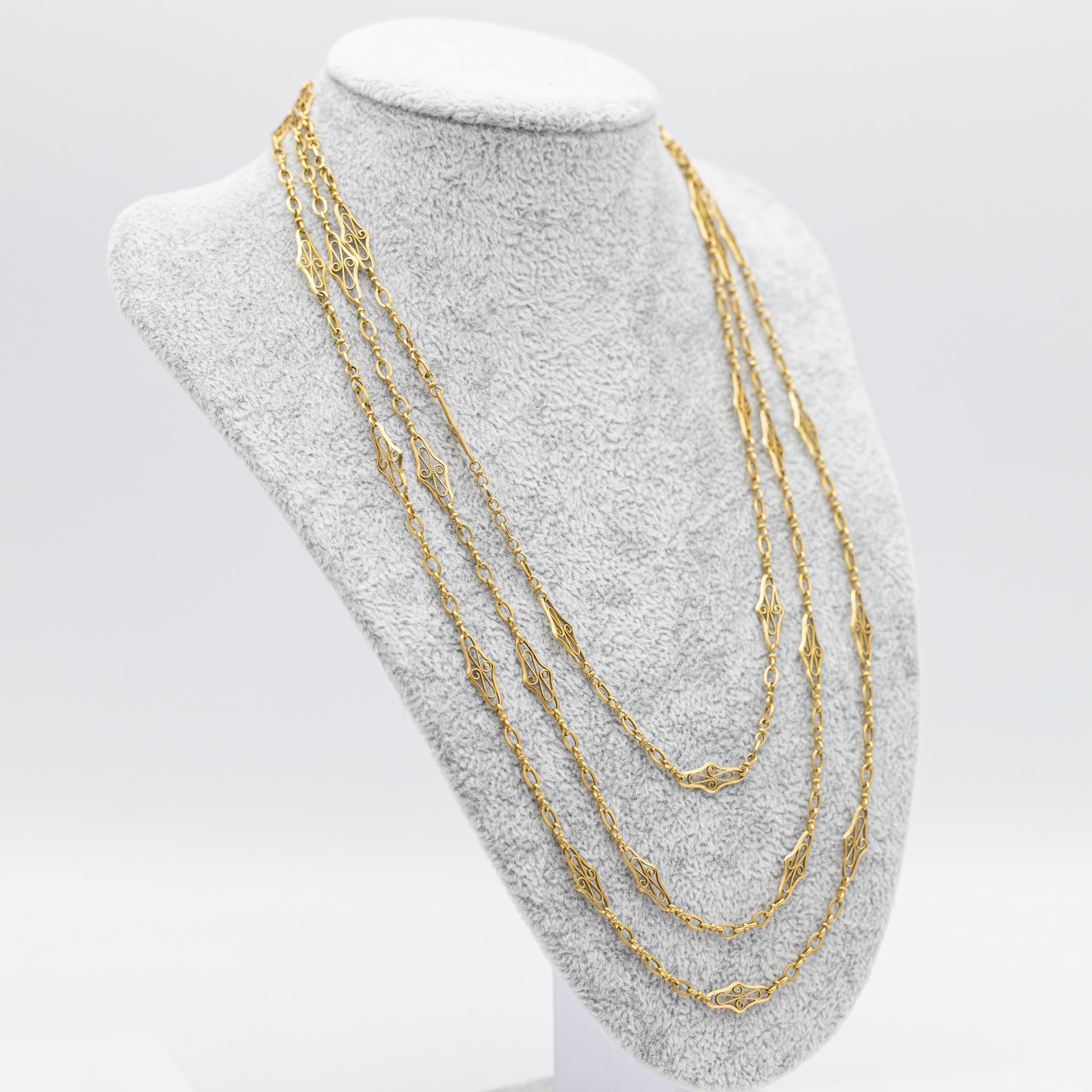 Antique 18k gold Sautoir necklace, 157.5cm long guard, French Victorian chain For Sale 1