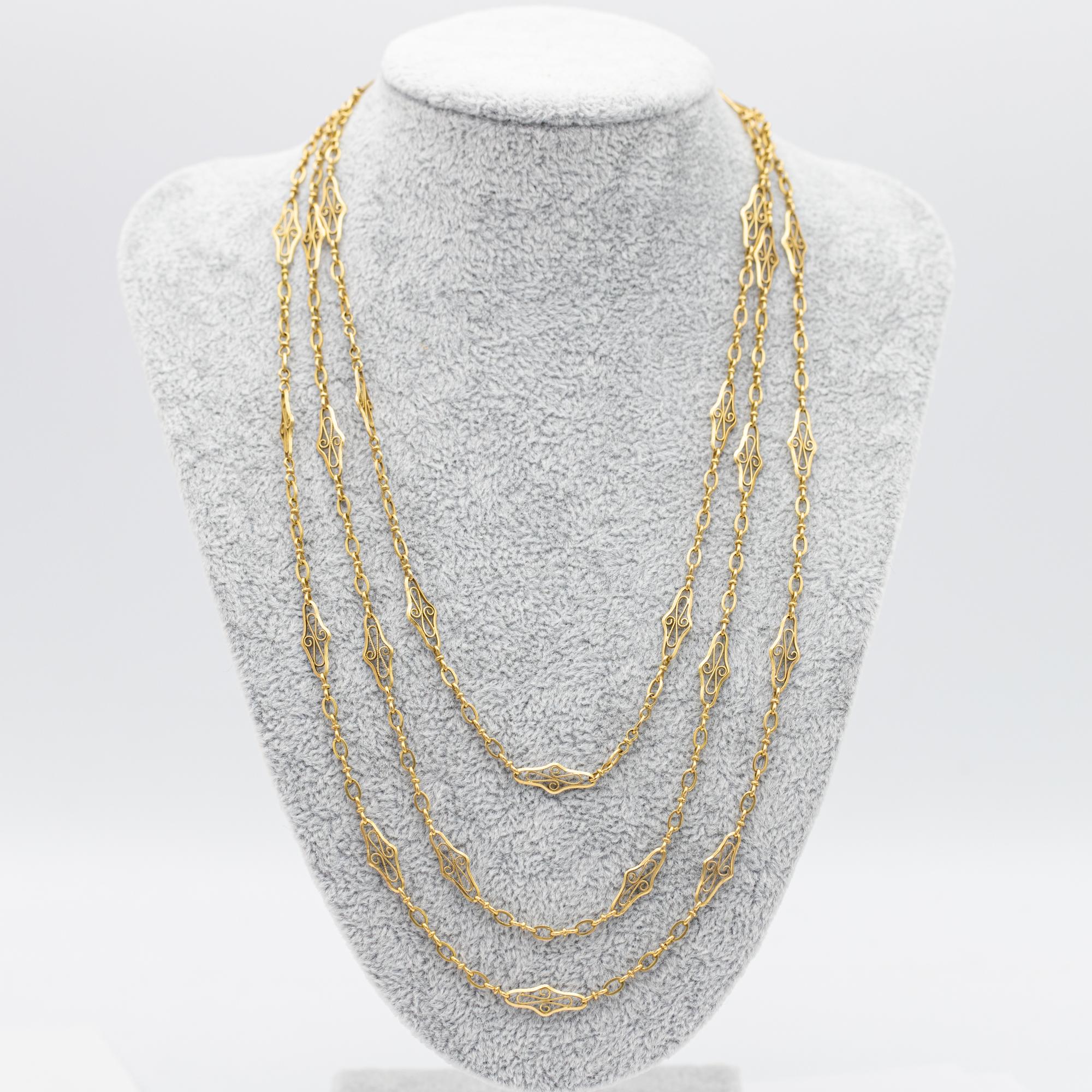 Antique 18k gold Sautoir necklace, 157.5cm long guard, French Victorian chain For Sale 2