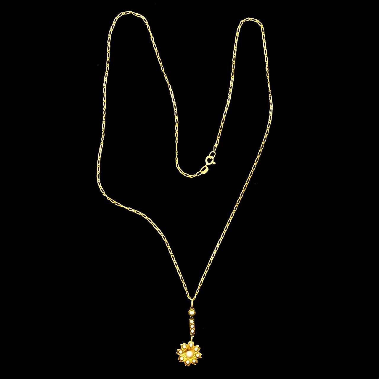 Antique 18K Gold Seed Pearl Flower Drop Pendant 9K Gold Figaro Chain Necklace 4
