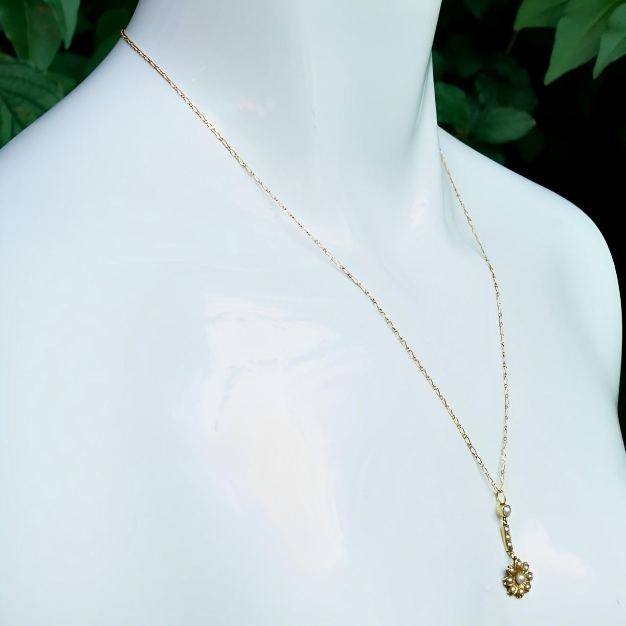 Women's or Men's Antique 18K Gold Seed Pearl Flower Drop Pendant 9K Gold Figaro Chain Necklace