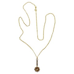 Antique 18K Gold Seed Pearl Flower Drop Pendant 9K Gold Figaro Chain Necklace