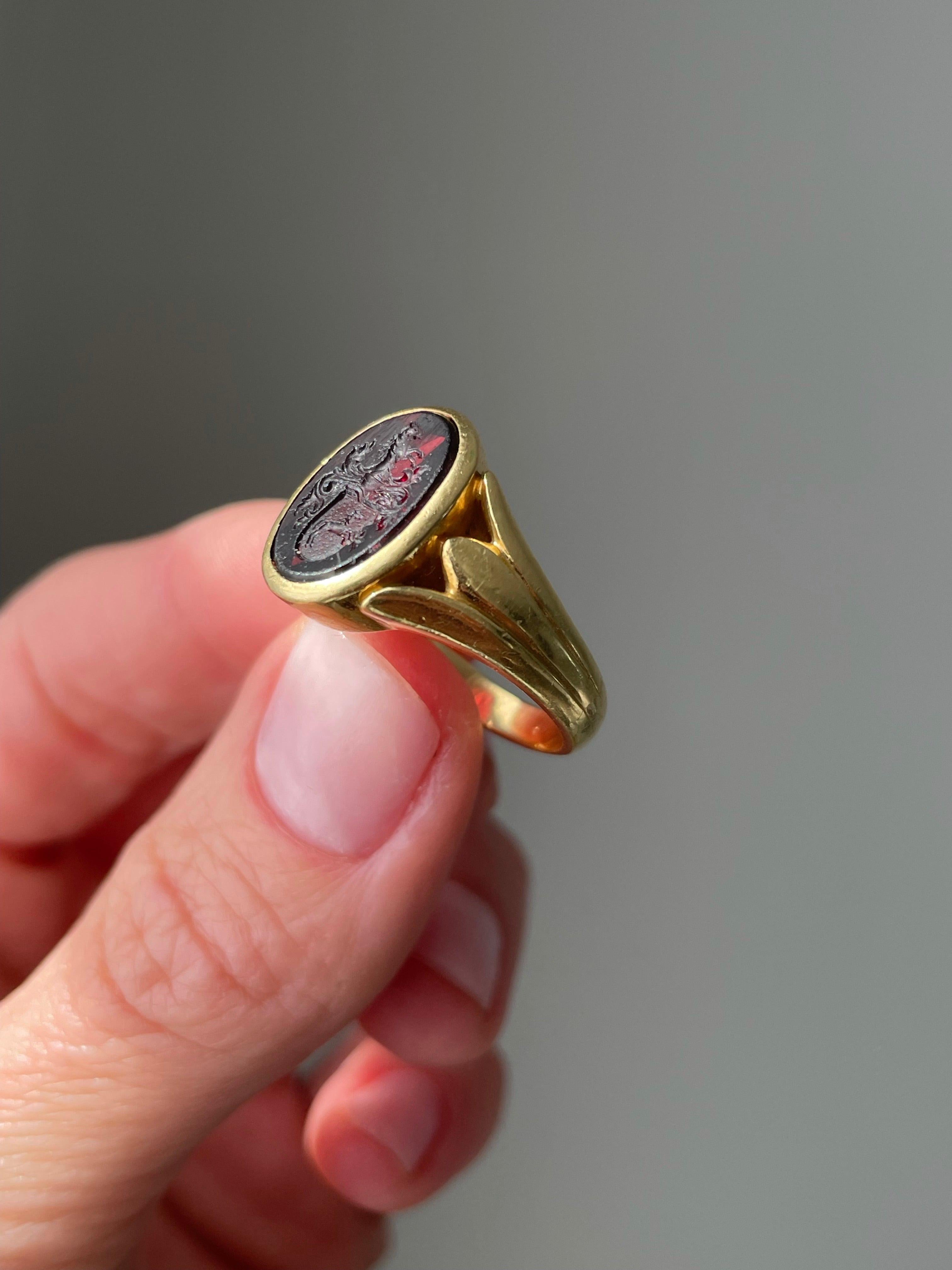 Women's or Men's Antique 18K Gold Signet Ring with Garnet Intaglio of a Horse For Sale