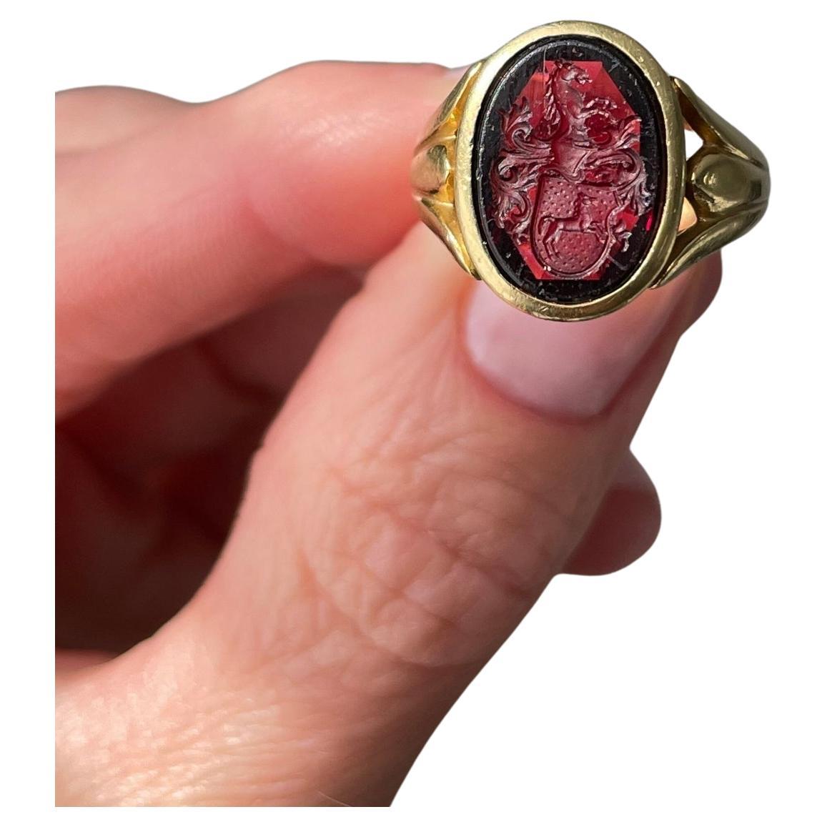 Antique 18K Gold Signet Ring with Garnet Intaglio of a Horse For Sale