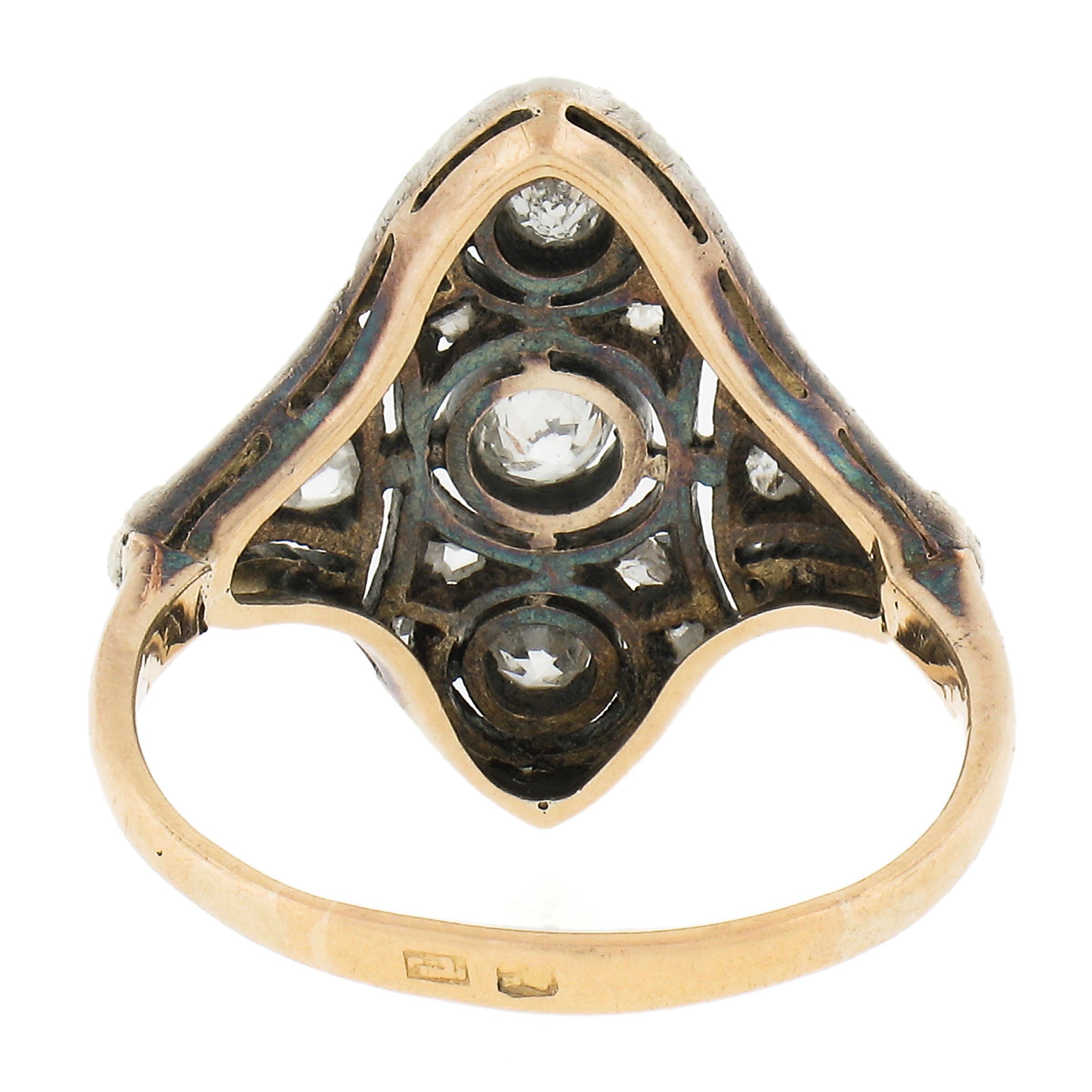 Antique 18k Gold & Silver 0.17ctw Old Cut Diamond Open Milgrain Dinner Ring For Sale 2