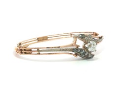 Antique 18k Gold & Silver 1.44ct Large Old Diamond Center Hinged Bangle Bracelet