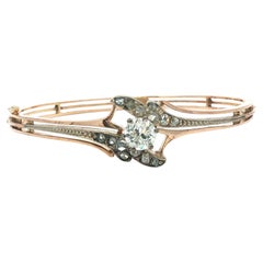 Antique 18k Gold & Silver 1.44ct Large Old Diamond Center Hinged Bangle Bracelet
