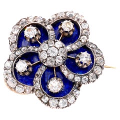 Antique 18K Gold 
Silver 2.98ctw Old Cut Diamond and Blue Enamel Brooch