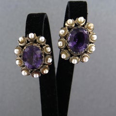 Antique 18k Gold & Silver Amethyst Pearl Clip-On Earrings, 1880