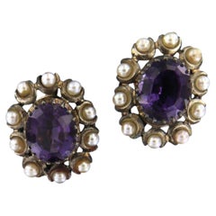 Antique 18k Gold & Silver Amethyst Pearl Clip-On Earrings, 1880