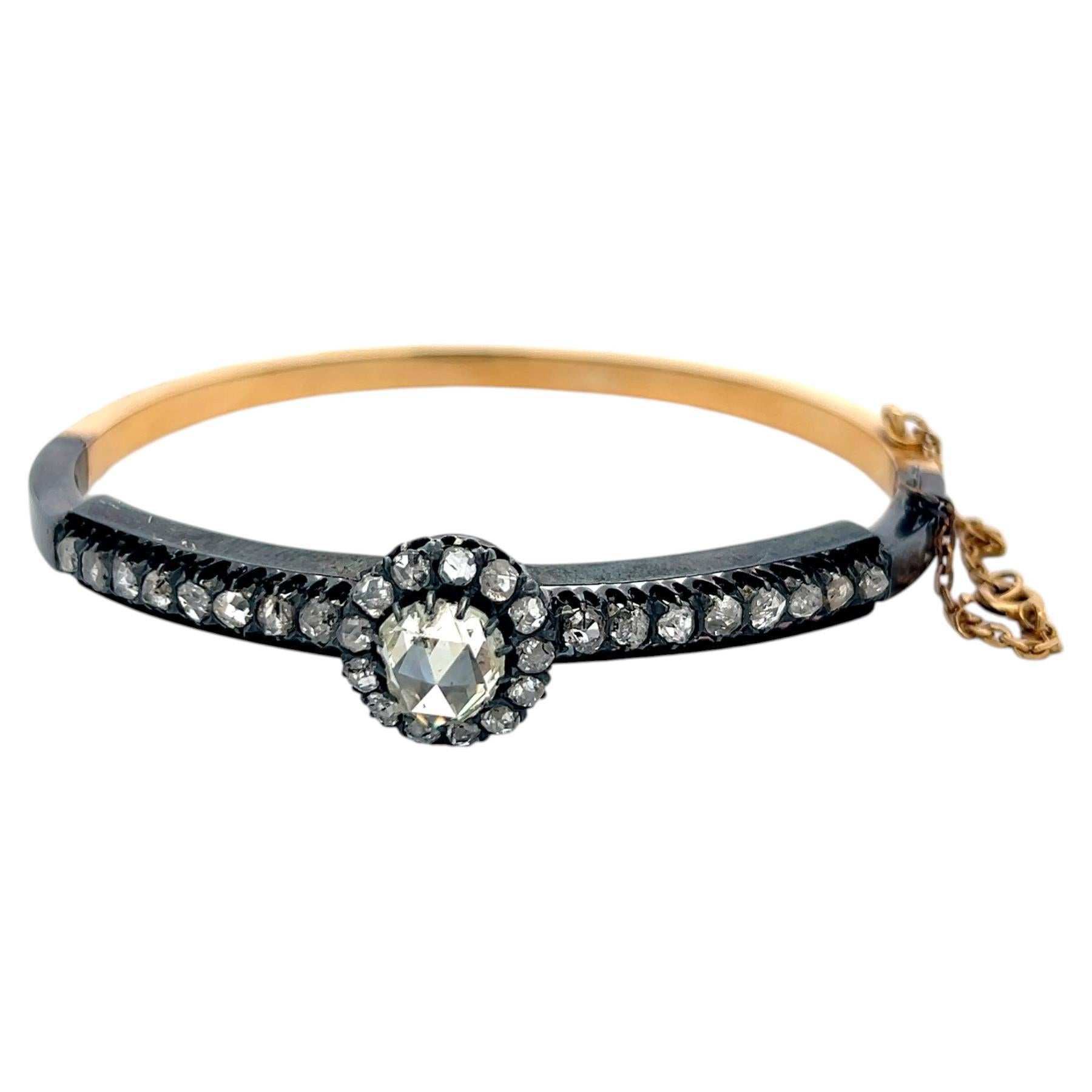 Antique 18K Gold/Silver Bangle Bracelet with 2.7 Carat Rose Cut Diamonds