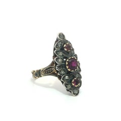 Antique 18k Gold & Silver Diamond & Red Pink Stones Hand Engraved Navette Ring