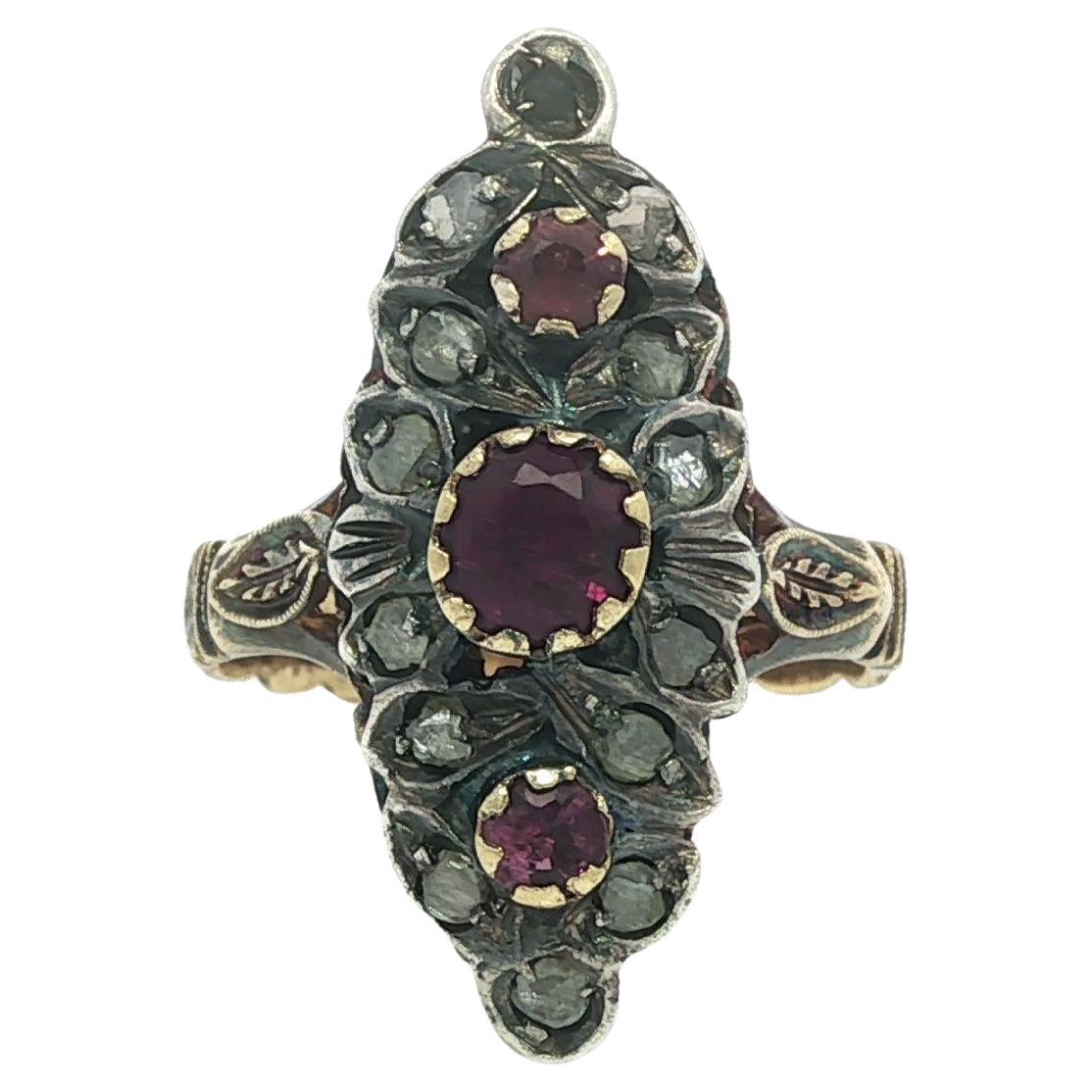 Antique 18k Gold
Silver Diamond
Red Pink Stones Hand Engraved Navette Ring