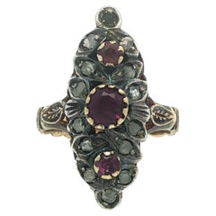 Antique 18k Gold
Silver Diamond
Red Pink Stones Hand Engraved Navette Ring