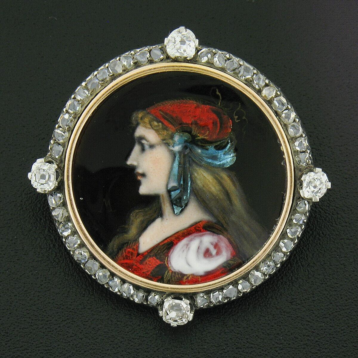 This gorgeous antique piece was crafted during the early Victorian era from solid 18k gold with a silver top and features an incredibly detailed hand enameled portrait at its center. The portrait displays a beautiful picture of a young lady with