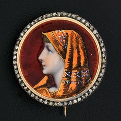 Antique 18k Gold Silver Hand Enamel Portrait & Old Cut Diamond Frame Pin Brooch