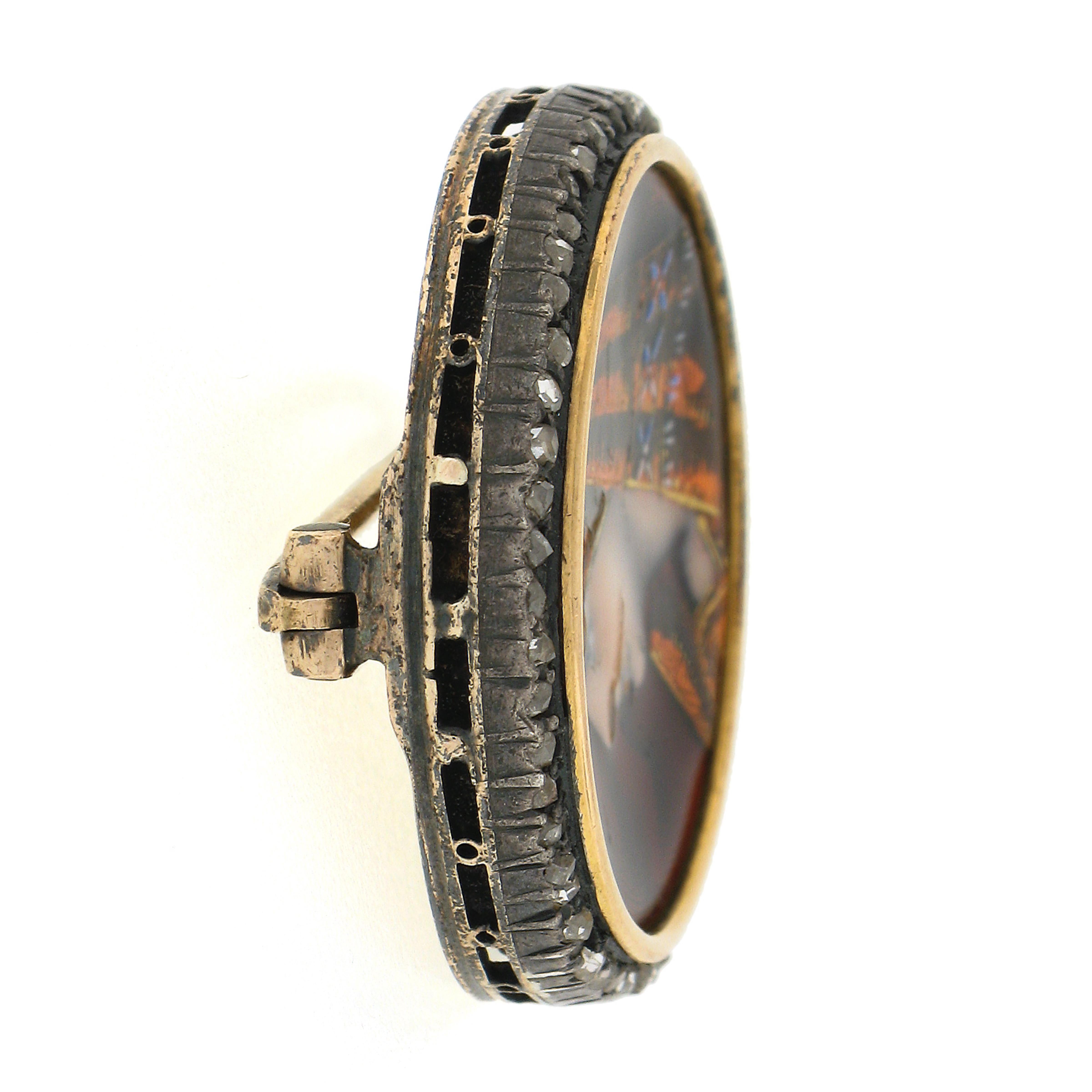 Femenino o masculino Antiguo broche con marco de diamantes talla antigua y retrato esmaltado a mano en oro de 18 quilates y plata en venta