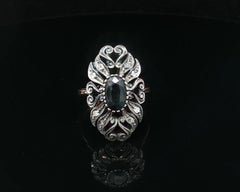 Antique 18k Gold & Silver Oval Sapphire w/ Rose Diamonds Long Open Scroll Ring