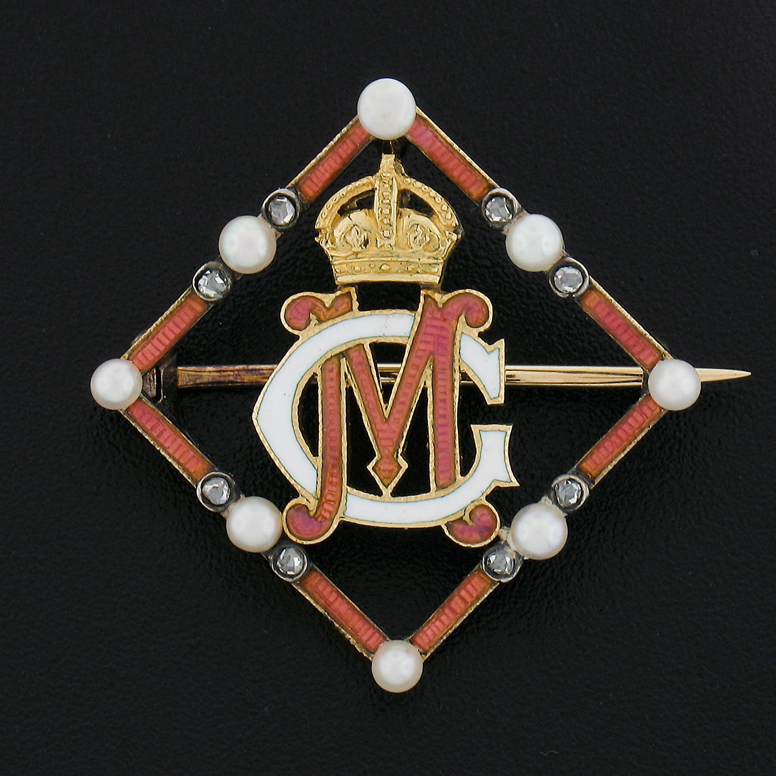 Round Cut Antique 18k Gold & Silver Seed Pearl W/ Enamel Initial Royal Coat of Arms Brooch