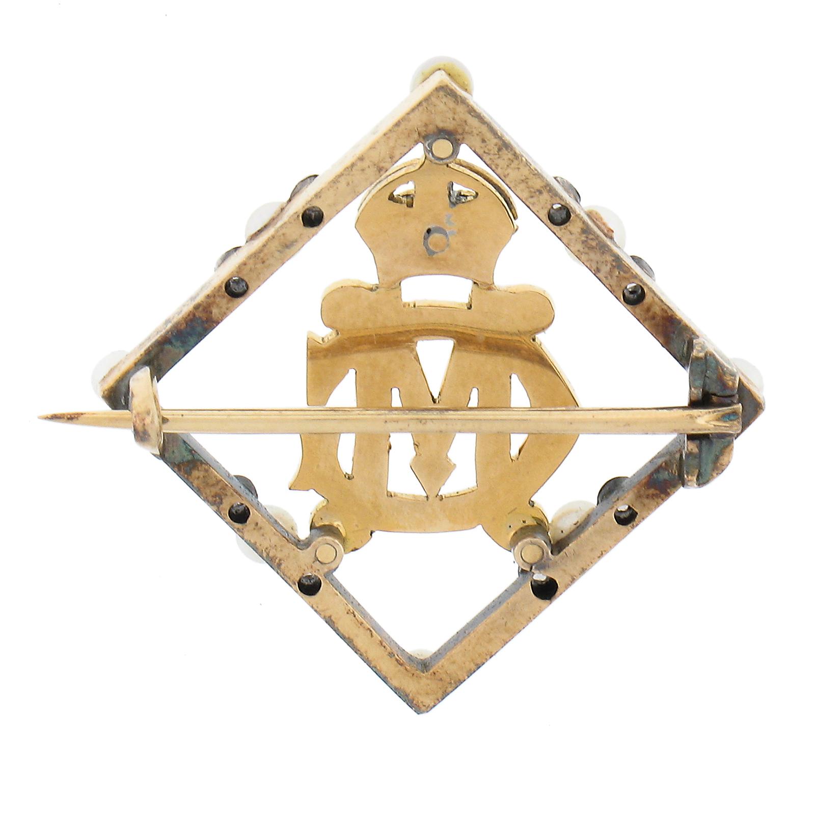 Antique 18k Gold & Silver Seed Pearl W/ Enamel Initial Royal Coat of Arms Brooch In Excellent Condition In Montclair, NJ