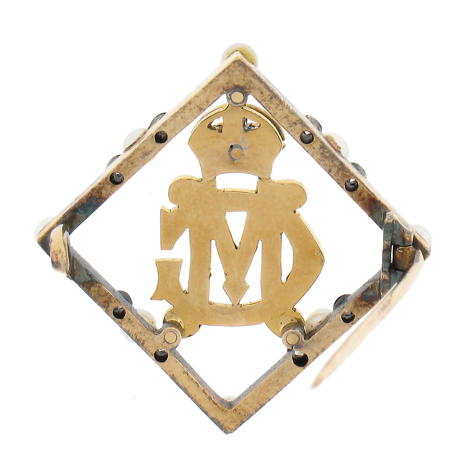 Women's or Men's Antique 18k Gold & Silver Seed Pearl W/ Enamel Initial Royal Coat of Arms Brooch