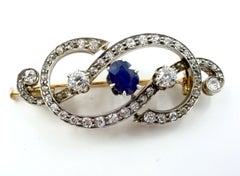Antique 18k Gold Silver Top Sapphire 2.35 Ct. OEC Diamond  "Love Knot" Brooch