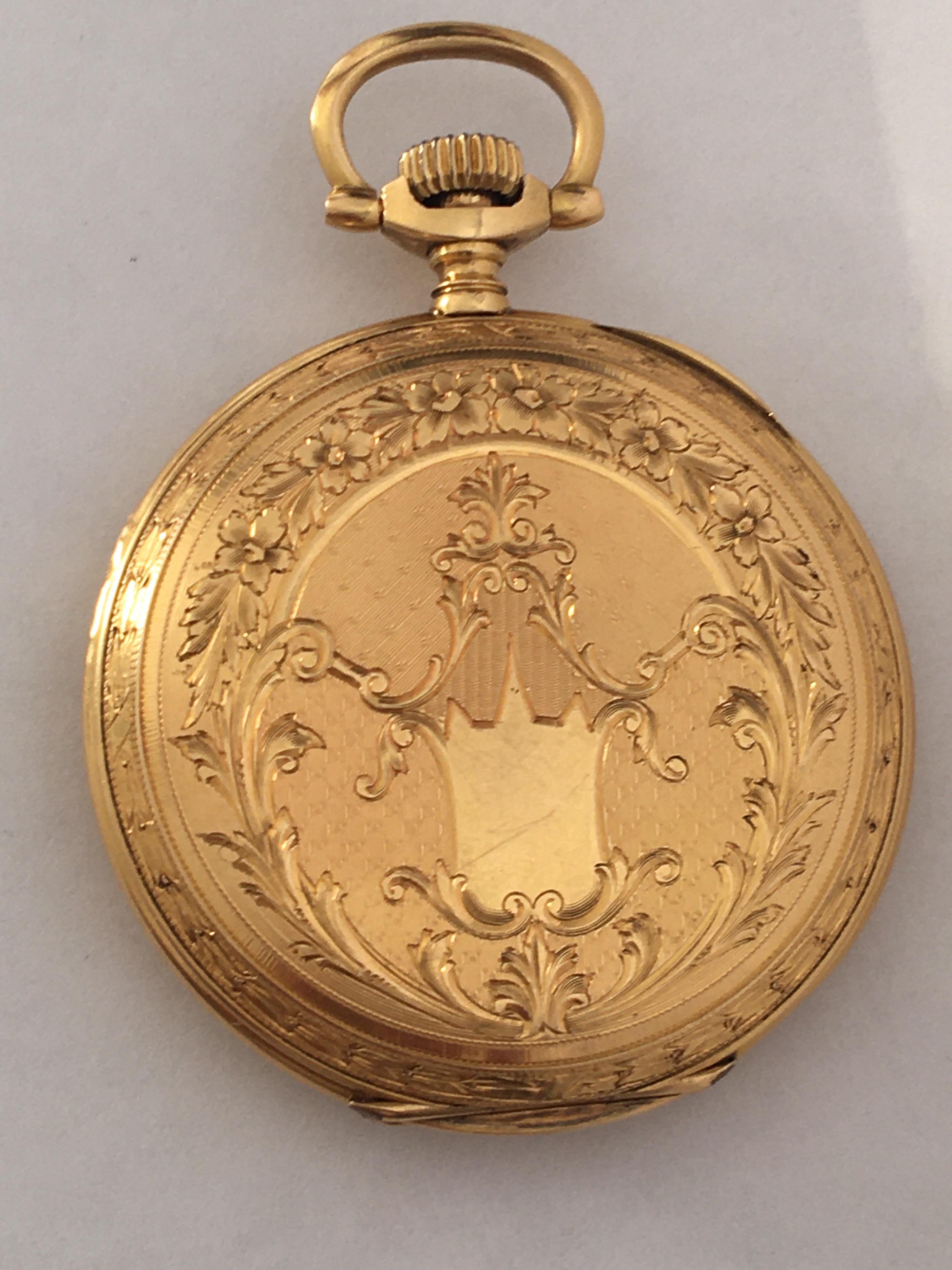 This beautifully 18K Gold Full engraved case antique Dress Pocket Watch is in good Working condition and it is recently been serviced and runs well. This watch weighed 64.8 grams and and measured 50mm case diameter excluding crown. 

Please study