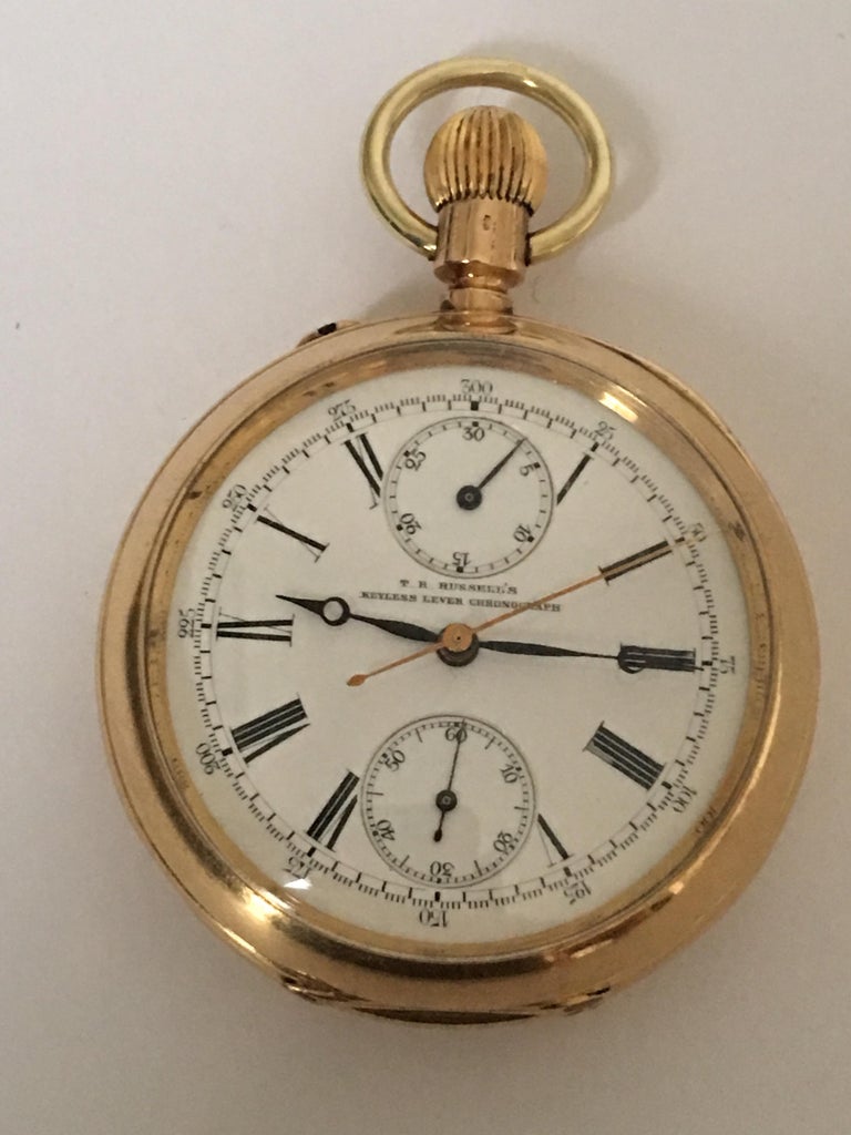 Antique 18 Karat Gold T R Russel’s Keyless Lever Chronograph Pocket