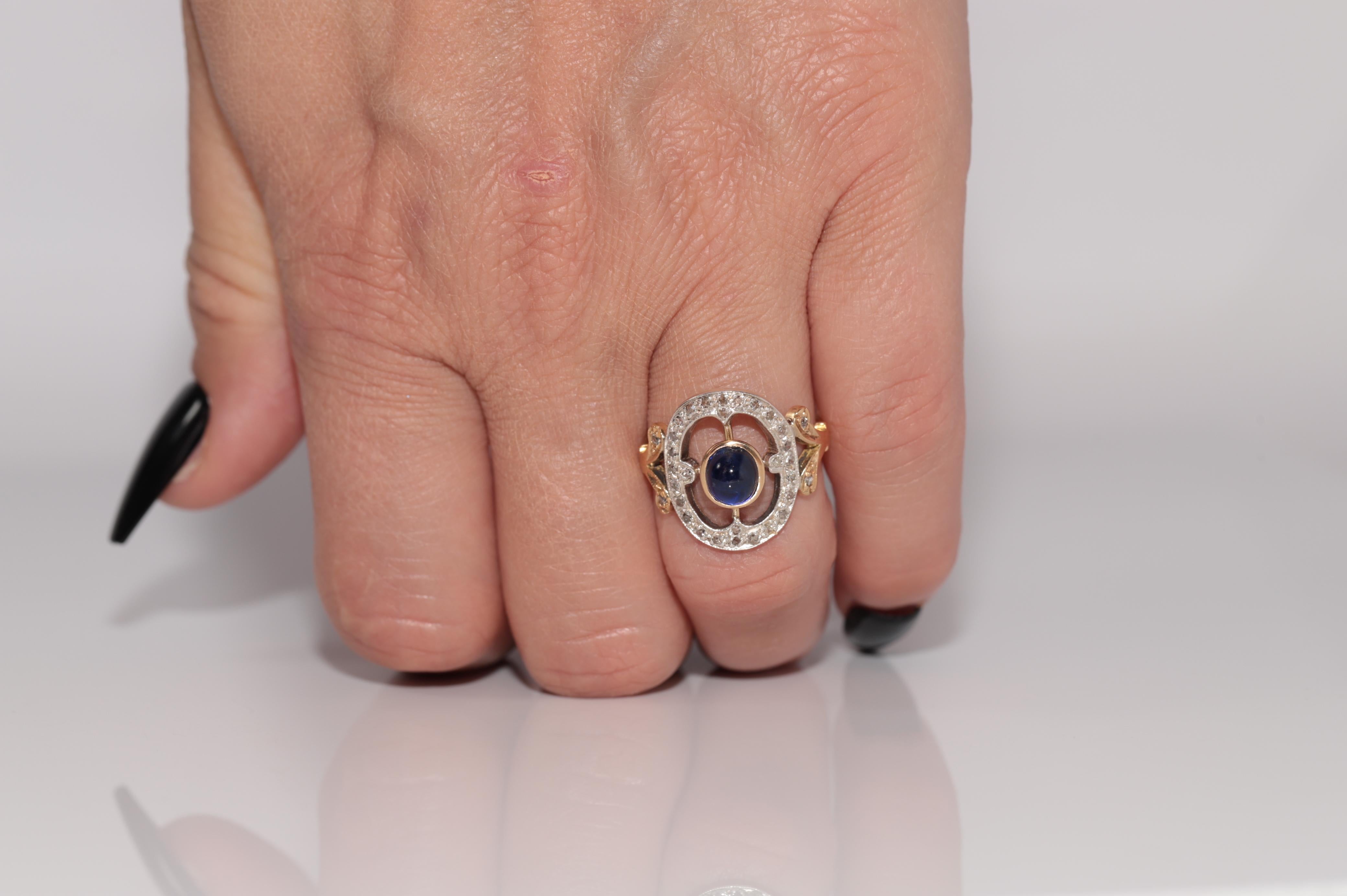 Bague ancienne en or 18k Top Sİlver, saphir naturel taillé en cabochon et diamant en vente 9