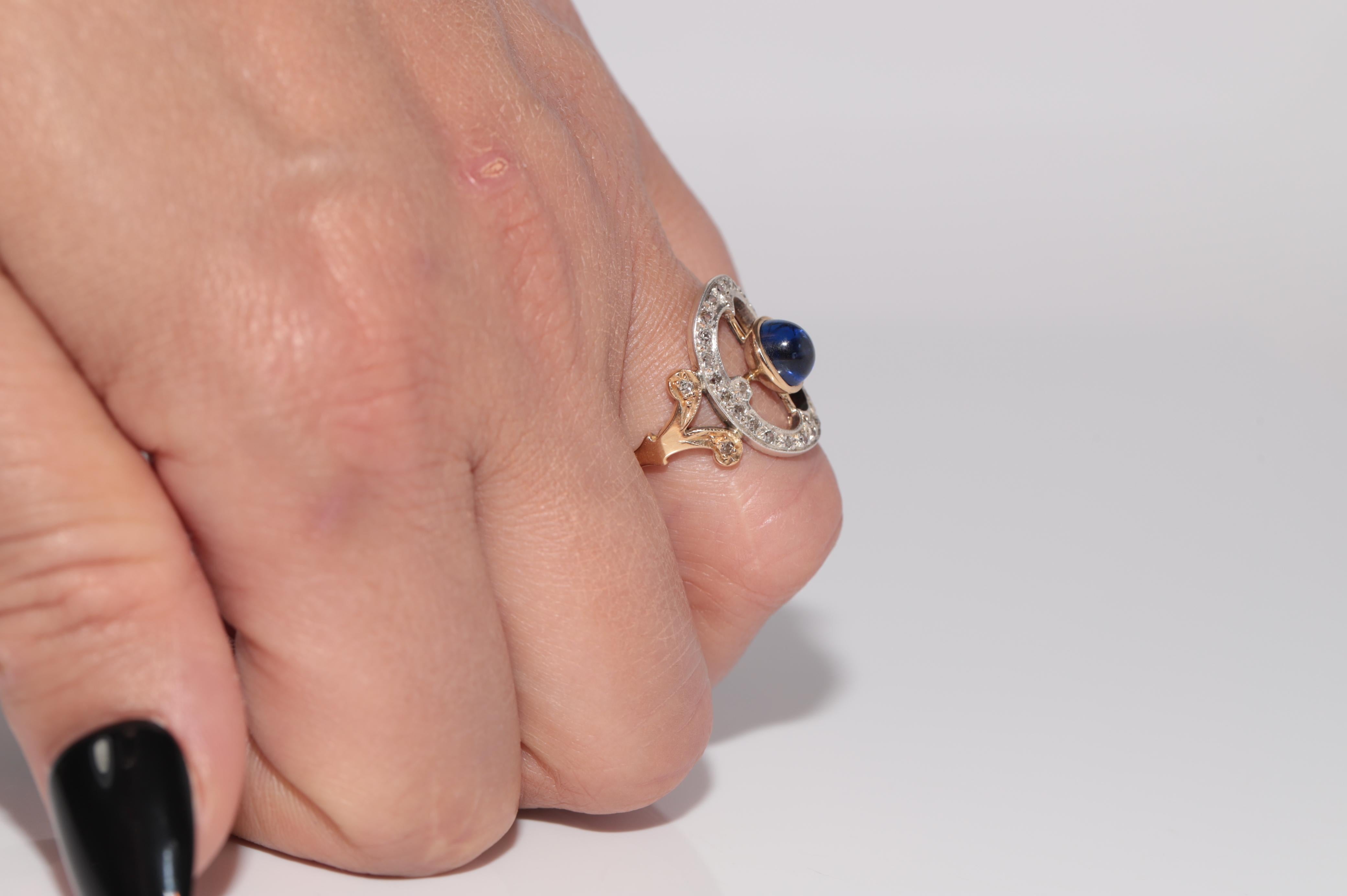 Bague ancienne en or 18k Top Sİlver, saphir naturel taillé en cabochon et diamant en vente 11