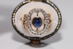 Antique 18k Gold Top Sİlver Natural Cabochon Cut Sapphire And Diamond Ring